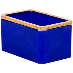 Antique French Royal Blue Opaline Glass Box with Brass Mounts