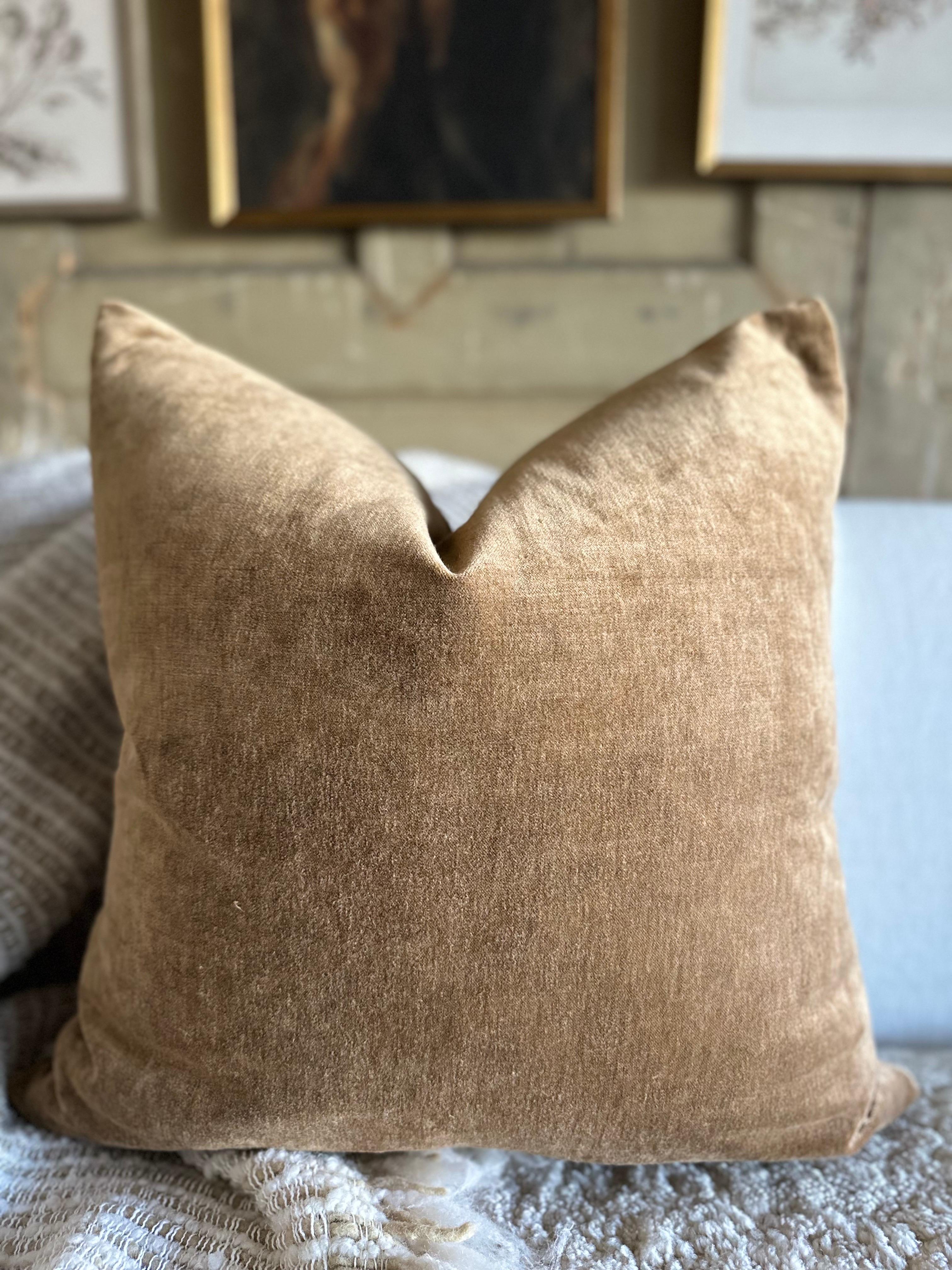 French Royal Velvet and Linen Accent Pillow with Down Insert Havane For Sale 2