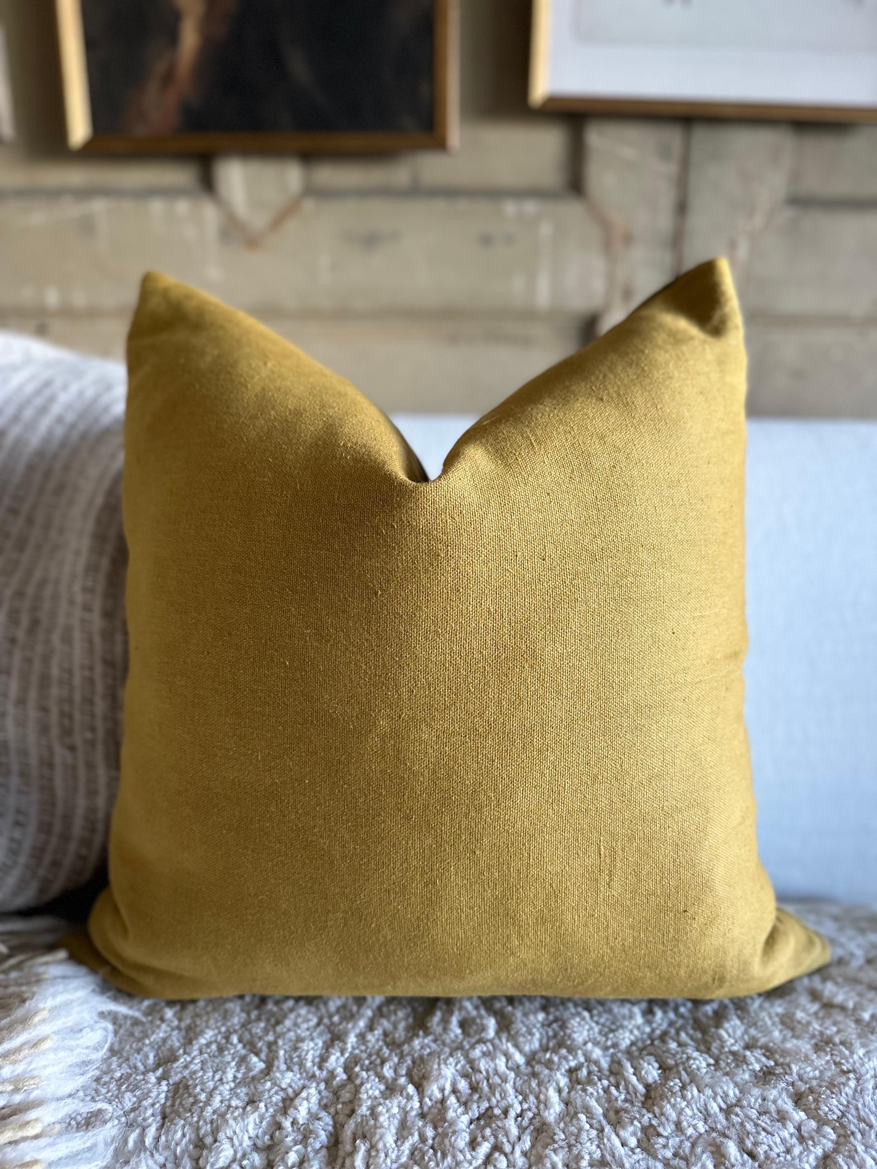 French Royal Velvet and Linen Accent Pillow with Down Insert Ocre For Sale 1