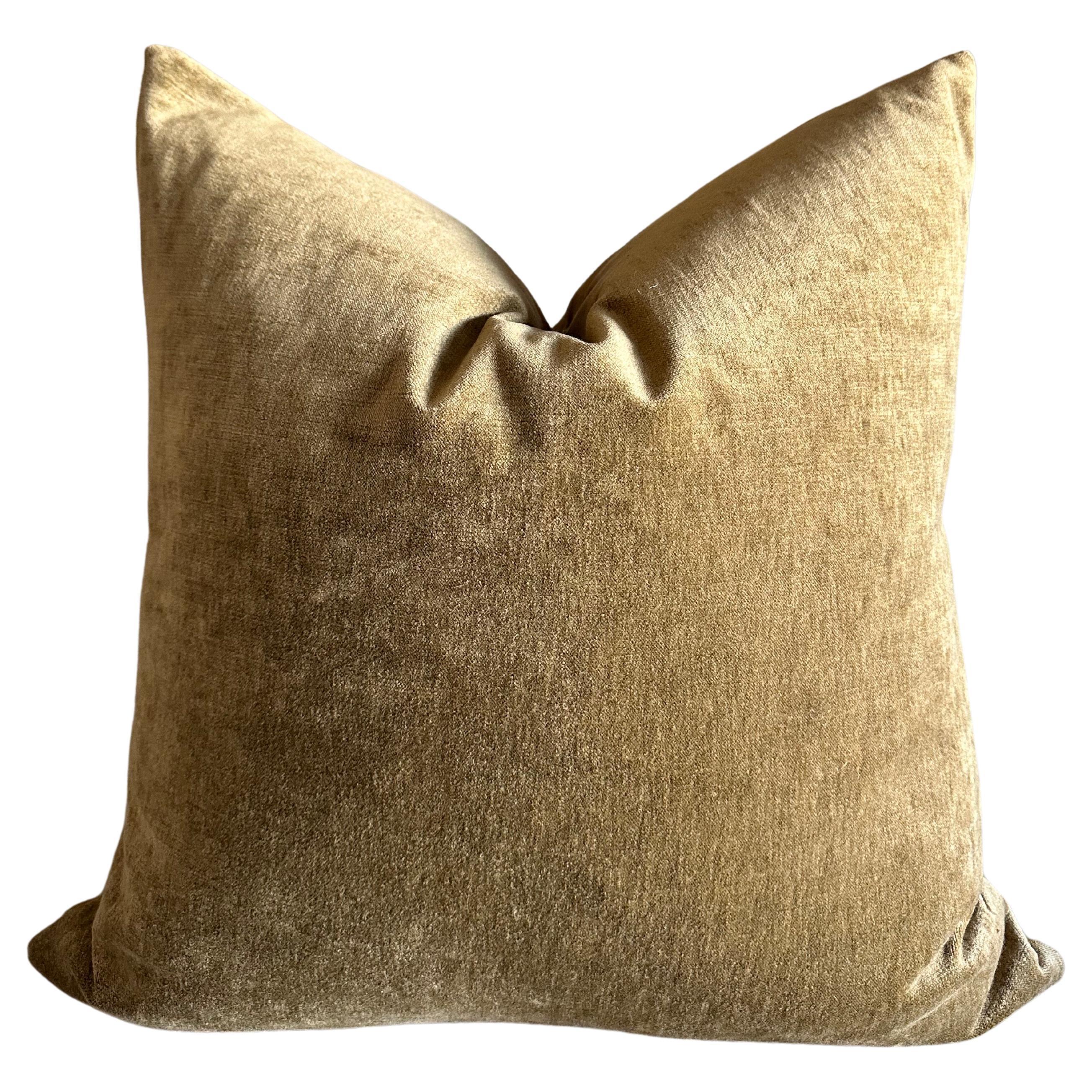 French Royal Velvet and Linen Accent Pillow with Down Insert Ocre For Sale
