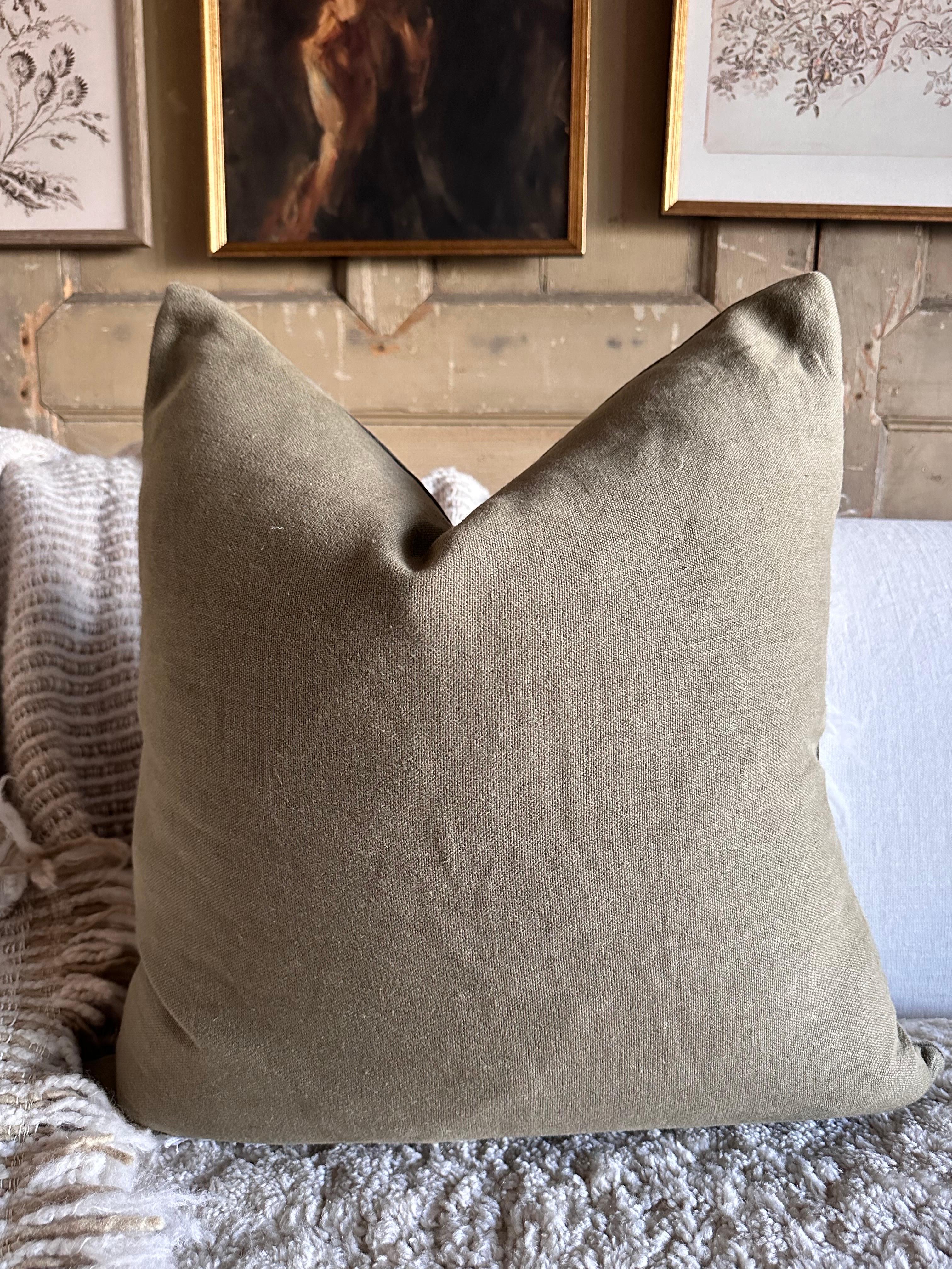 Contemporary French Royal Velvet and Linen Pillow with Down Insert Kaki For Sale