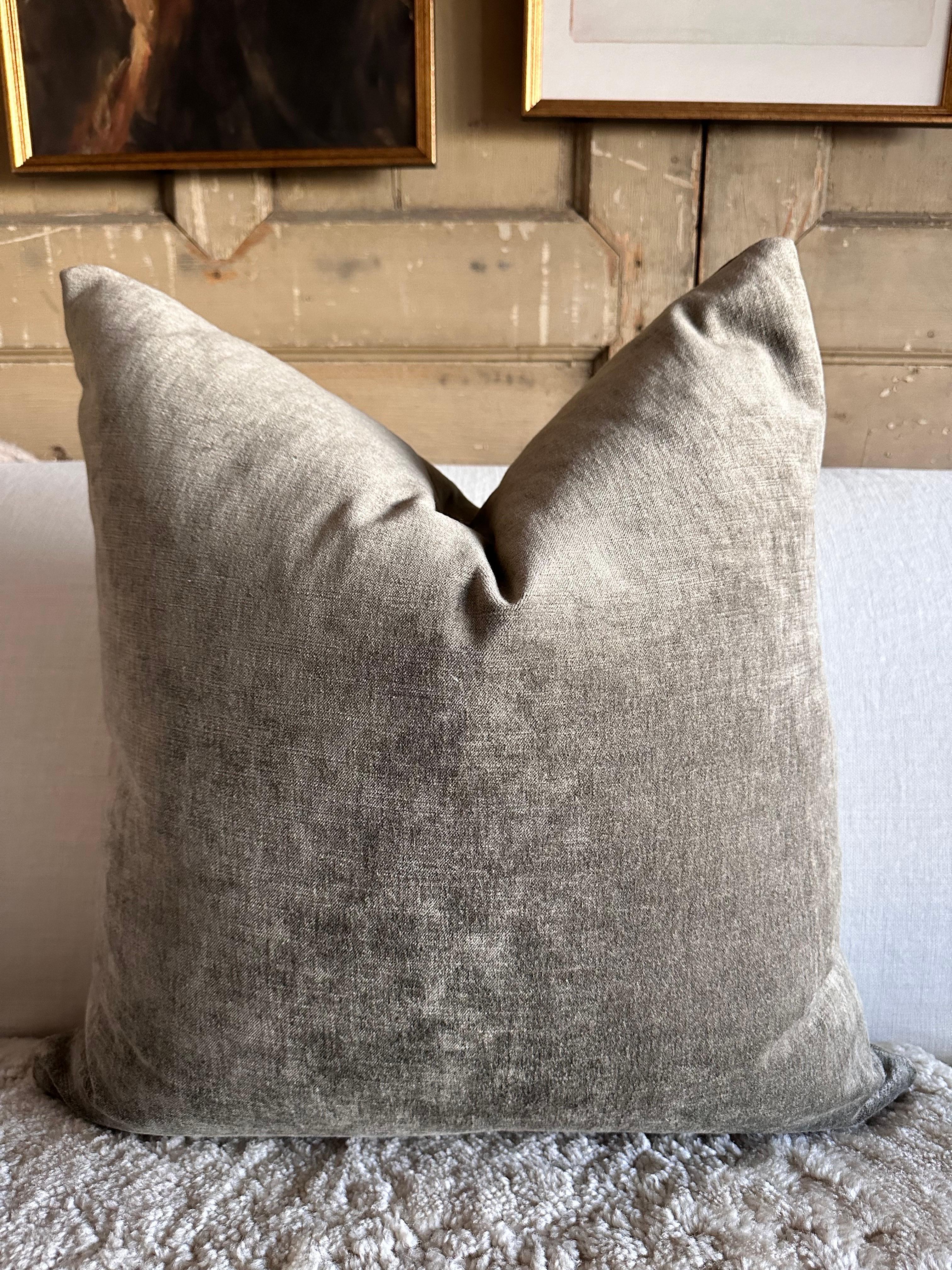 French Royal Velvet and Linen Pillow with Down Insert Kaki For Sale 1