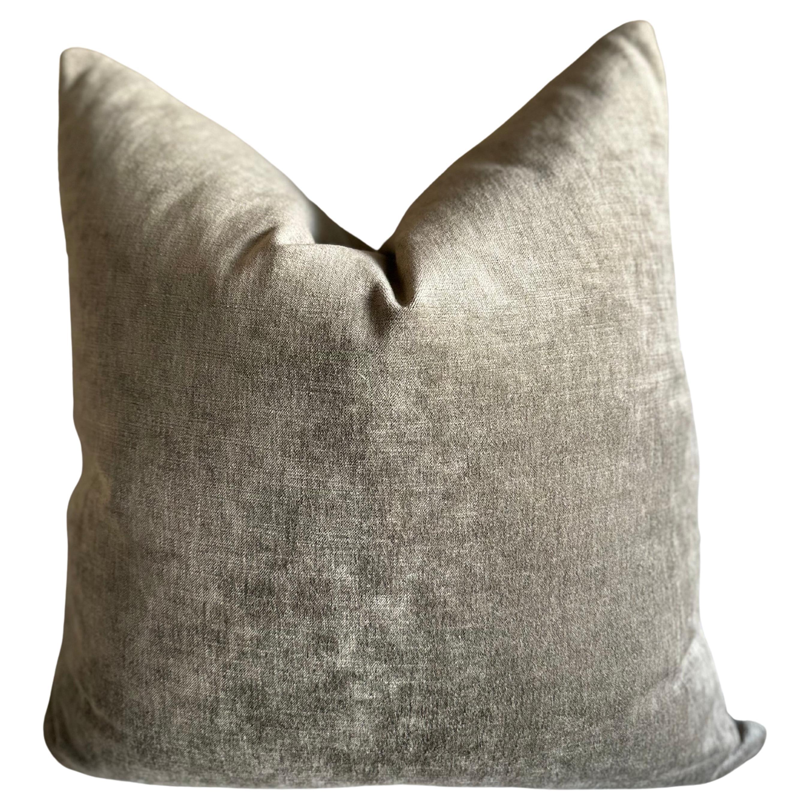 French Royal Velvet and Linen Pillow with Down Insert Kaki For Sale
