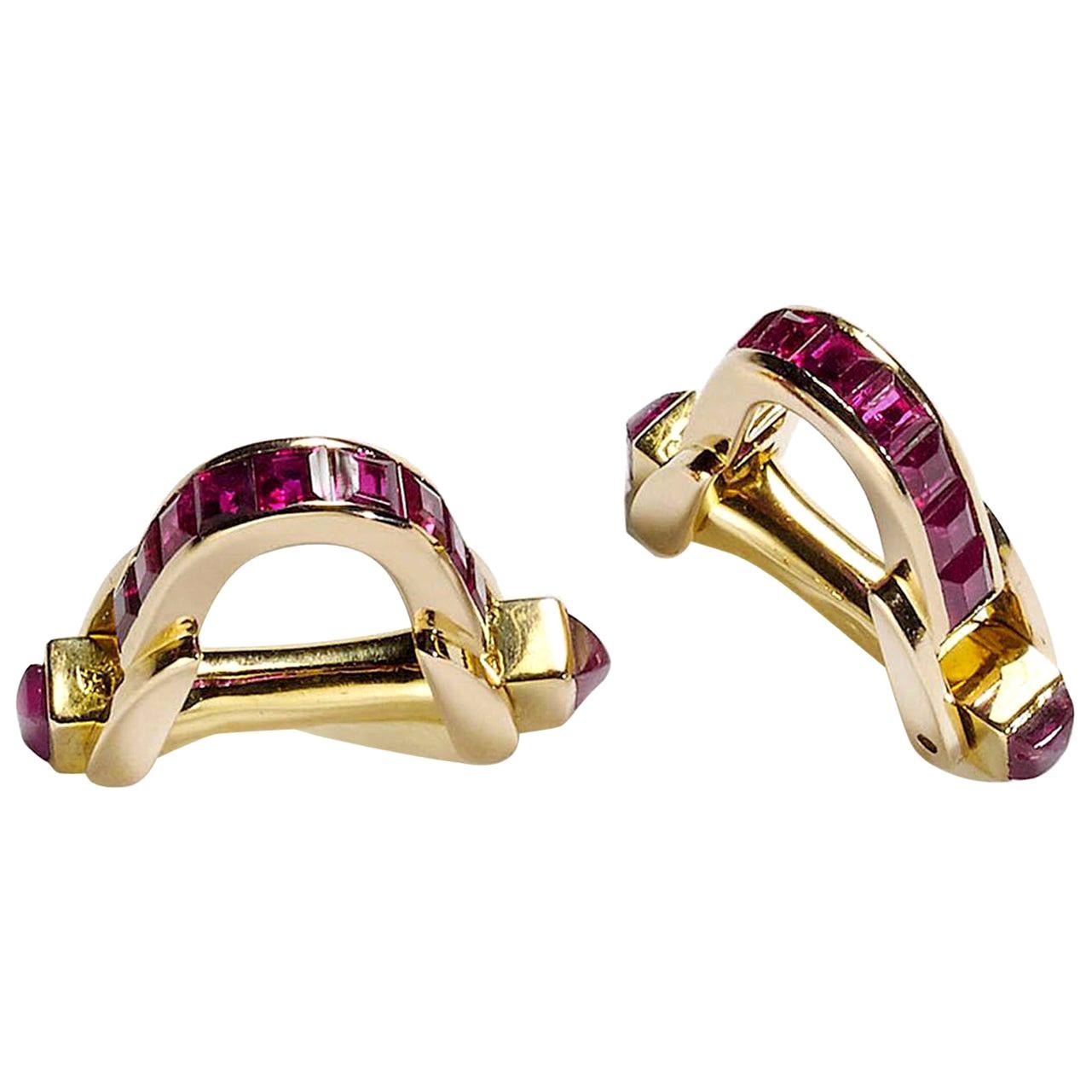French Ruby and Gold Stirrup Cufflinks For Sale