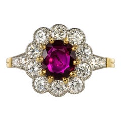 French Ruby Diamond 18 Karat Yellow Gold Platinum Daisy Ring