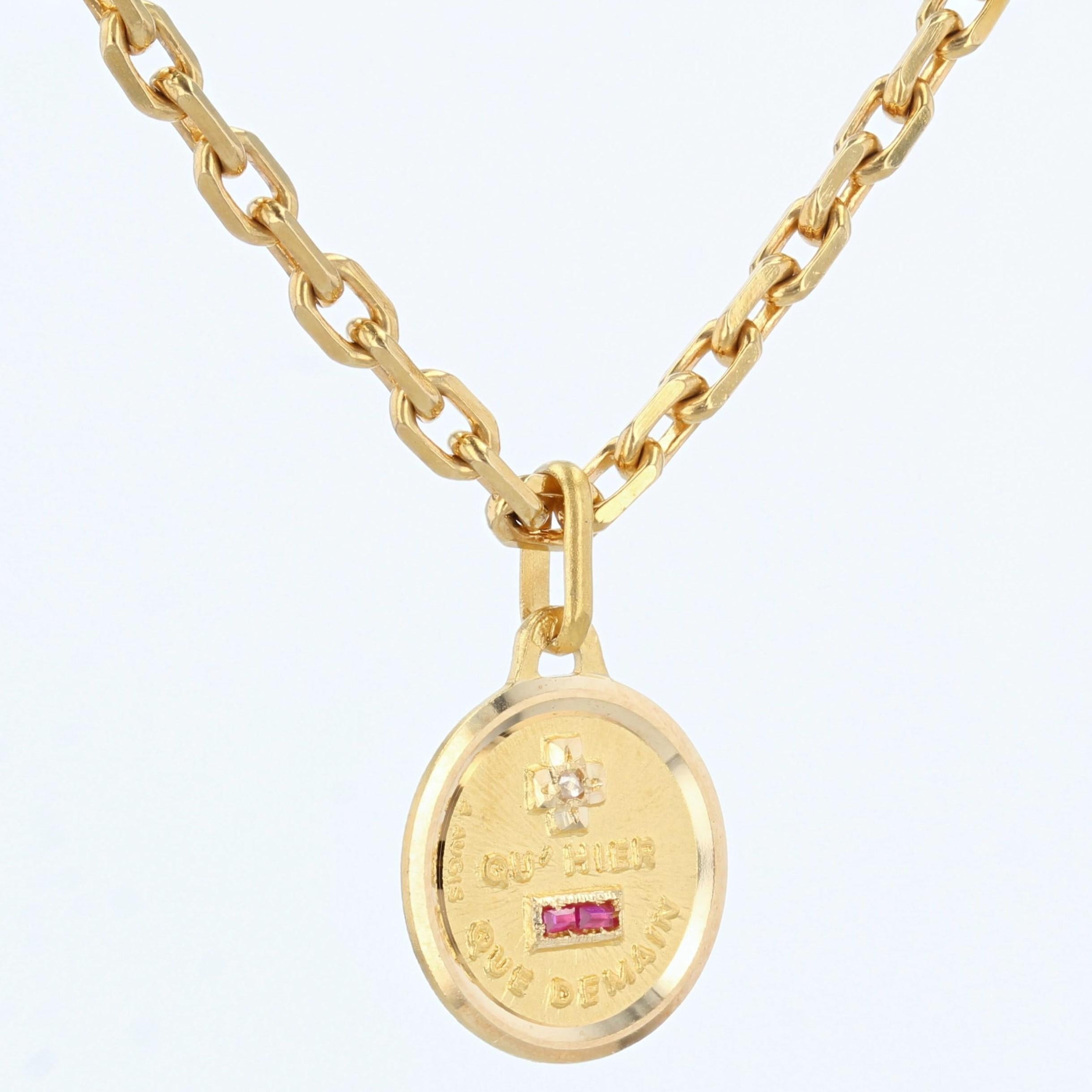 French Ruby Diamond 18K Yellow Gold Plus Qu'hier Moins Que Demain Pendant In Good Condition In Poitiers, FR