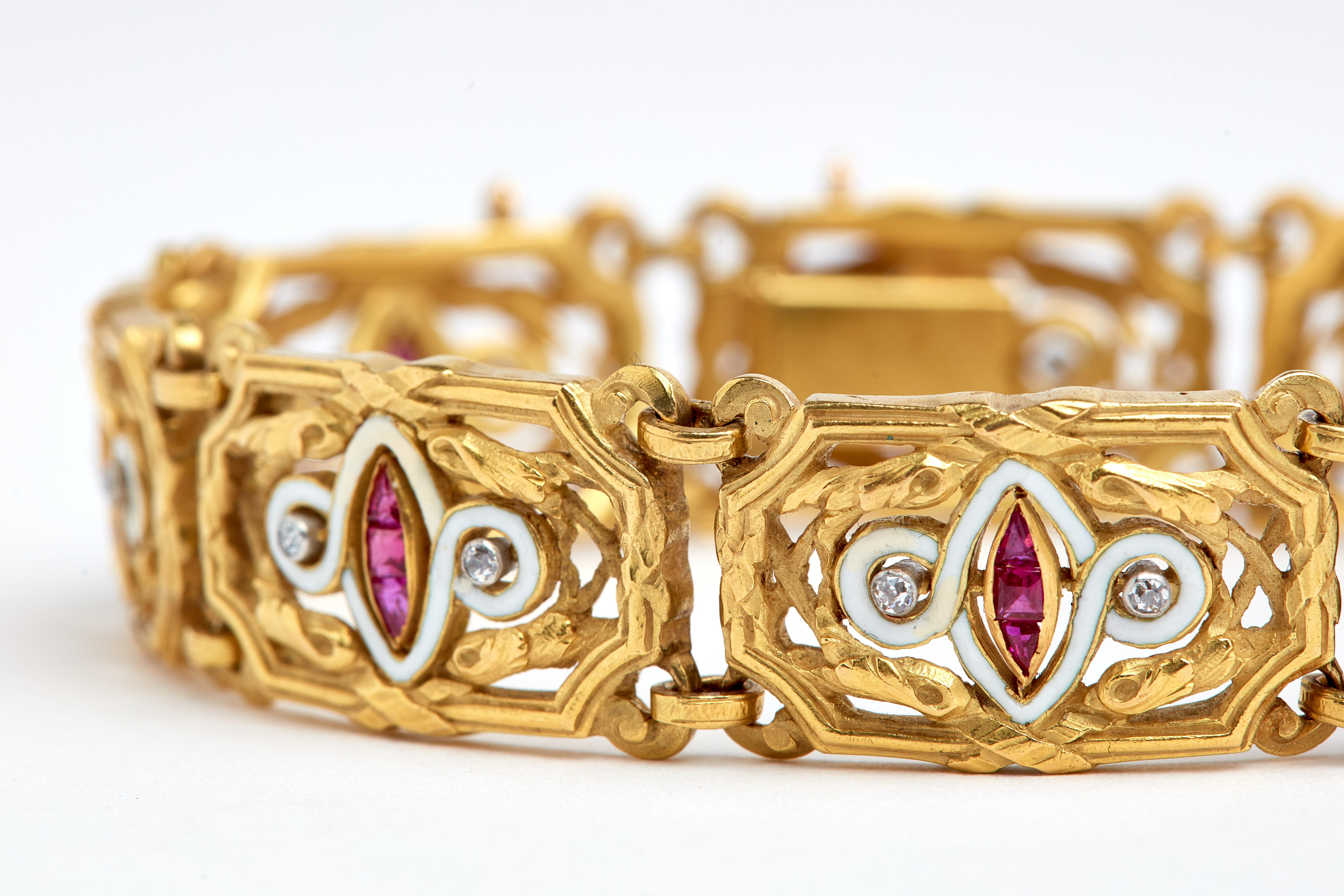 French Ruby, Diamond and Enamel bracelet. 7.25 inches long. 18k yellow gold. 