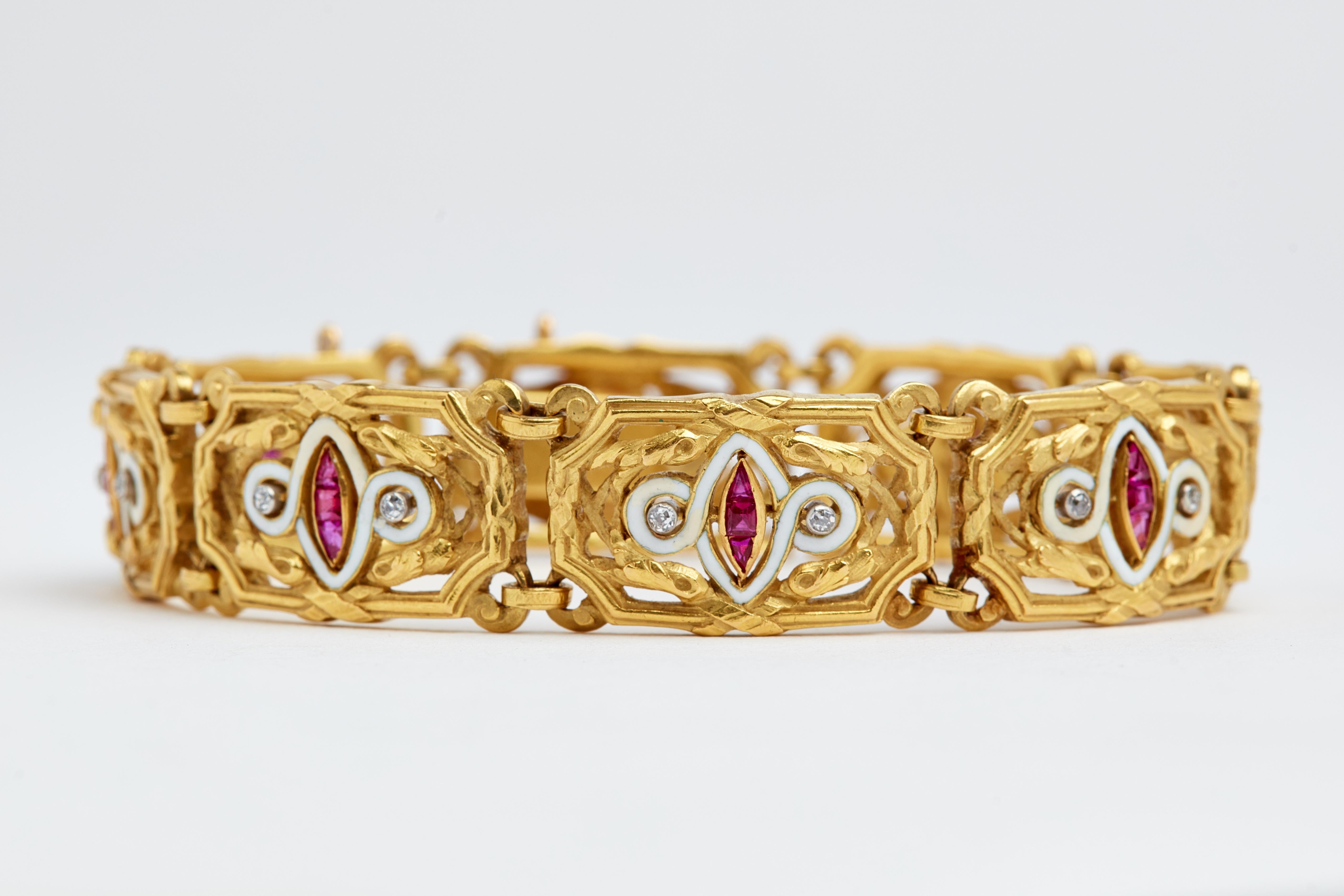 French Ruby, Diamond and Enamel Bracelet In Good Condition In New York, NY