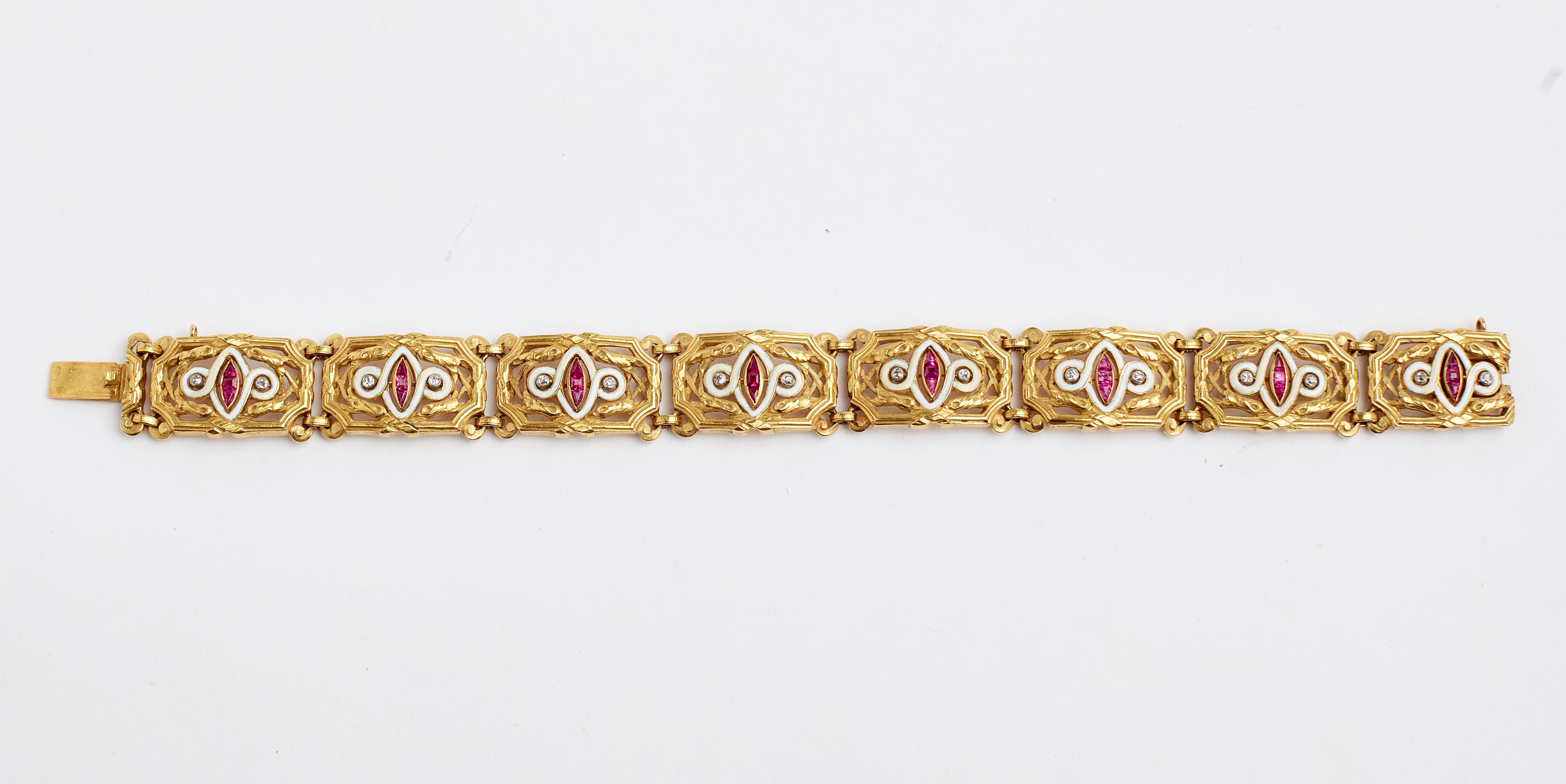Women's French Ruby, Diamond and Enamel Bracelet
