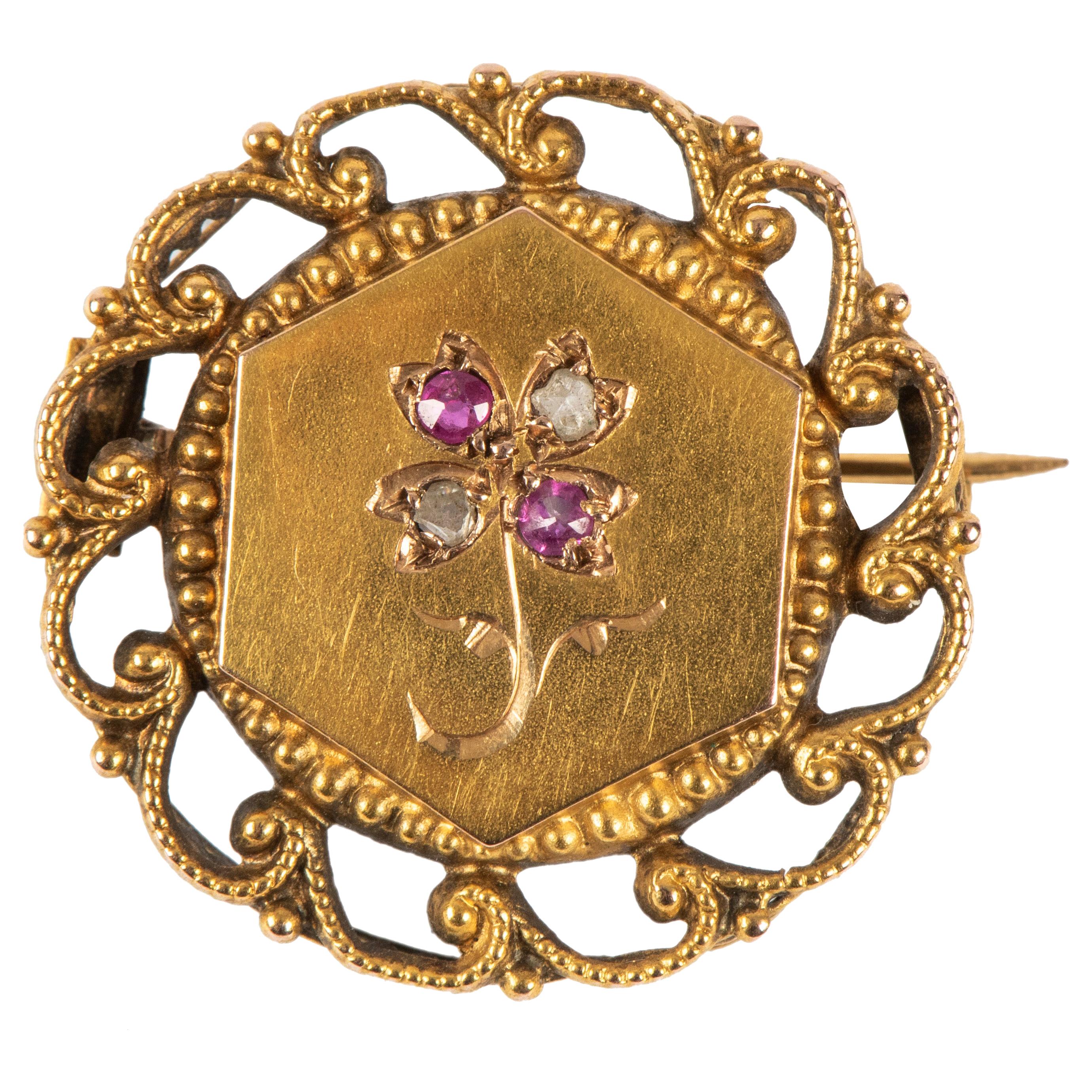 French Ruby Diamond 18k Gold Pin, 19th Century