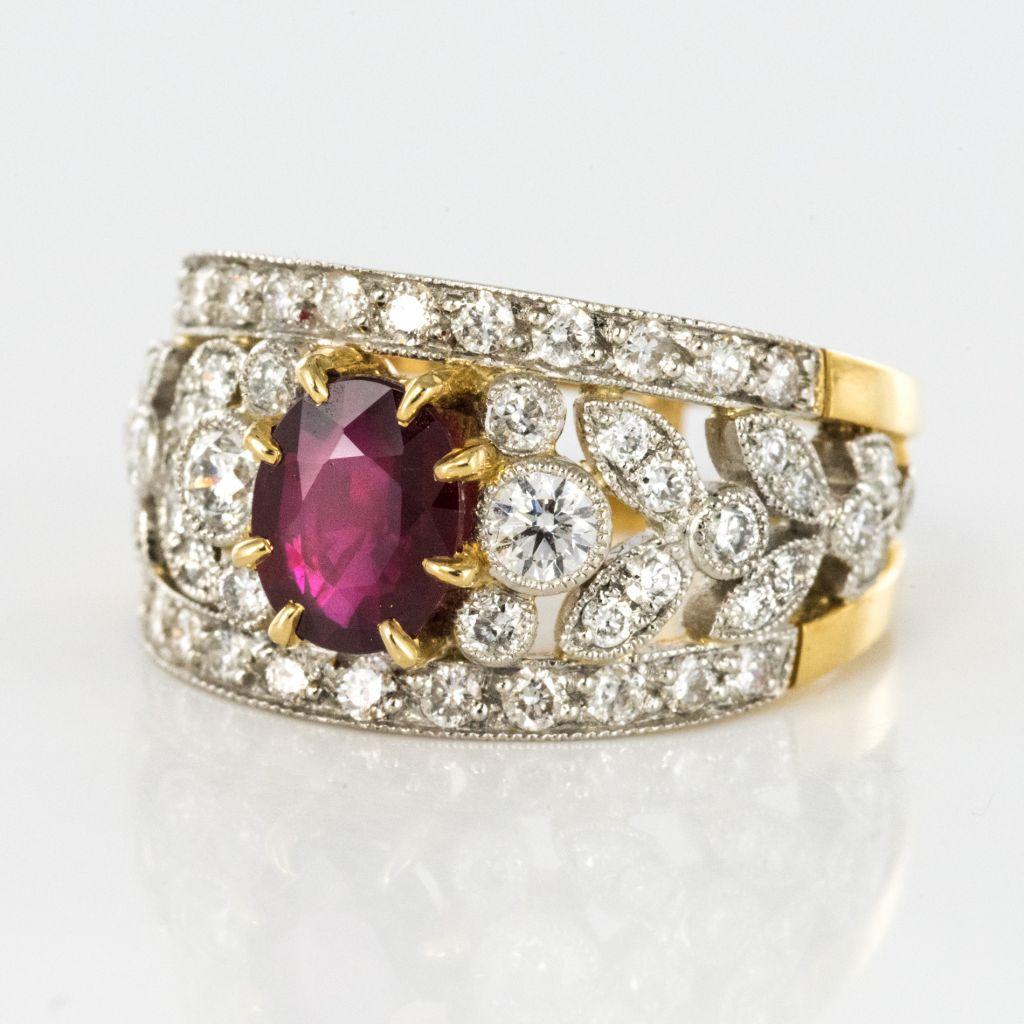 Contemporary French Ruby Diamond Gold Platinum Band Ring