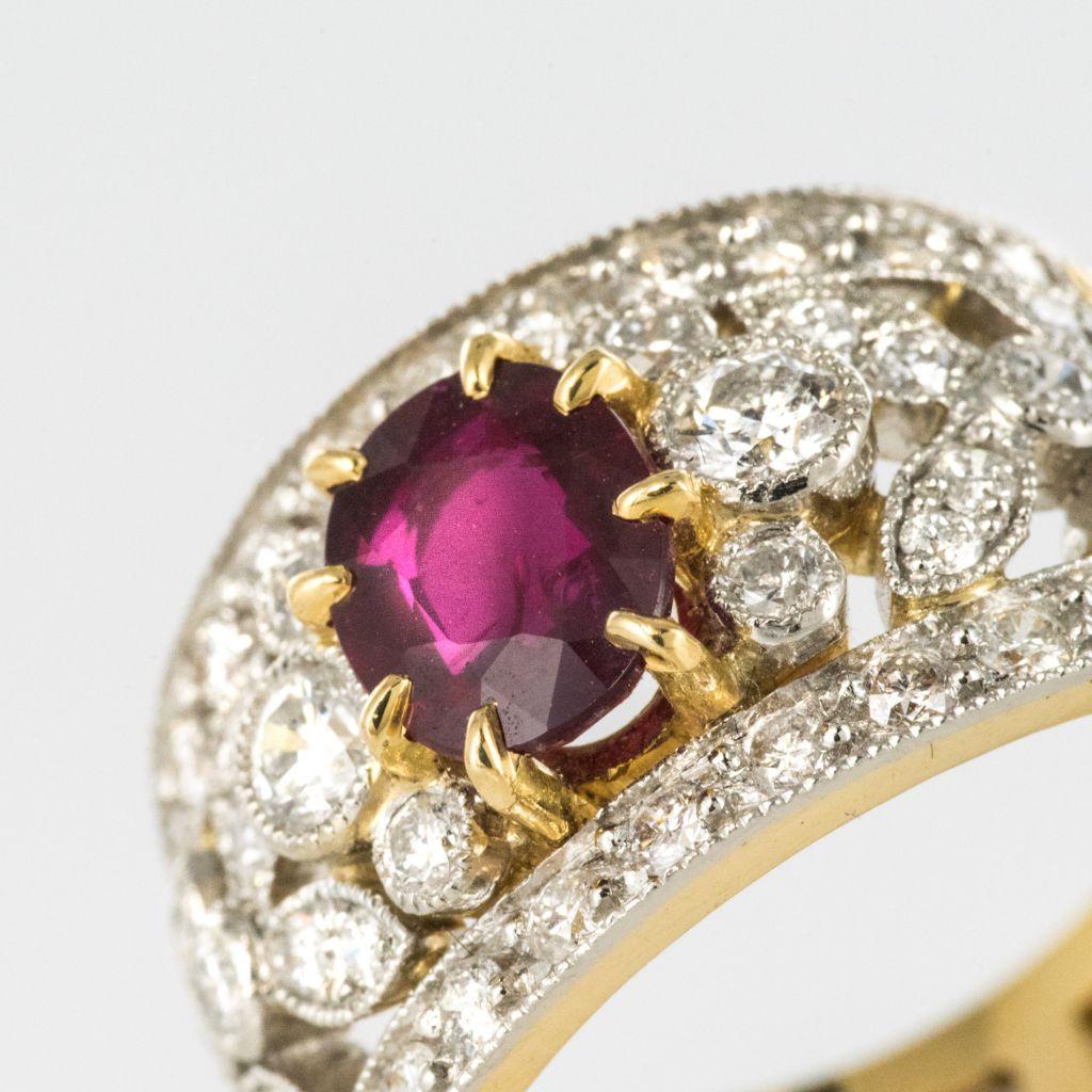Oval Cut French Ruby Diamond Gold Platinum Band Ring