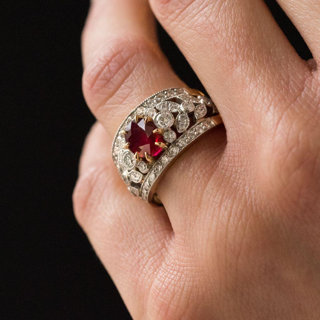 French Ruby Diamond Gold Platinum Band Ring In New Condition In Poitiers, FR