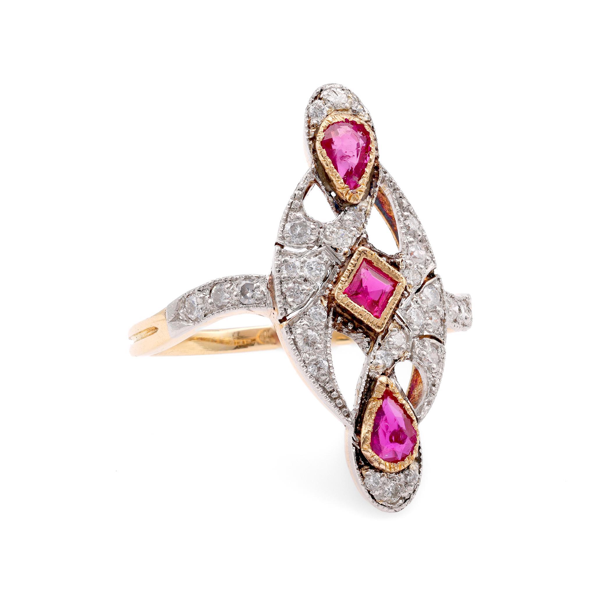 Retro French Ruby Diamond Two Tone Navette Ring For Sale