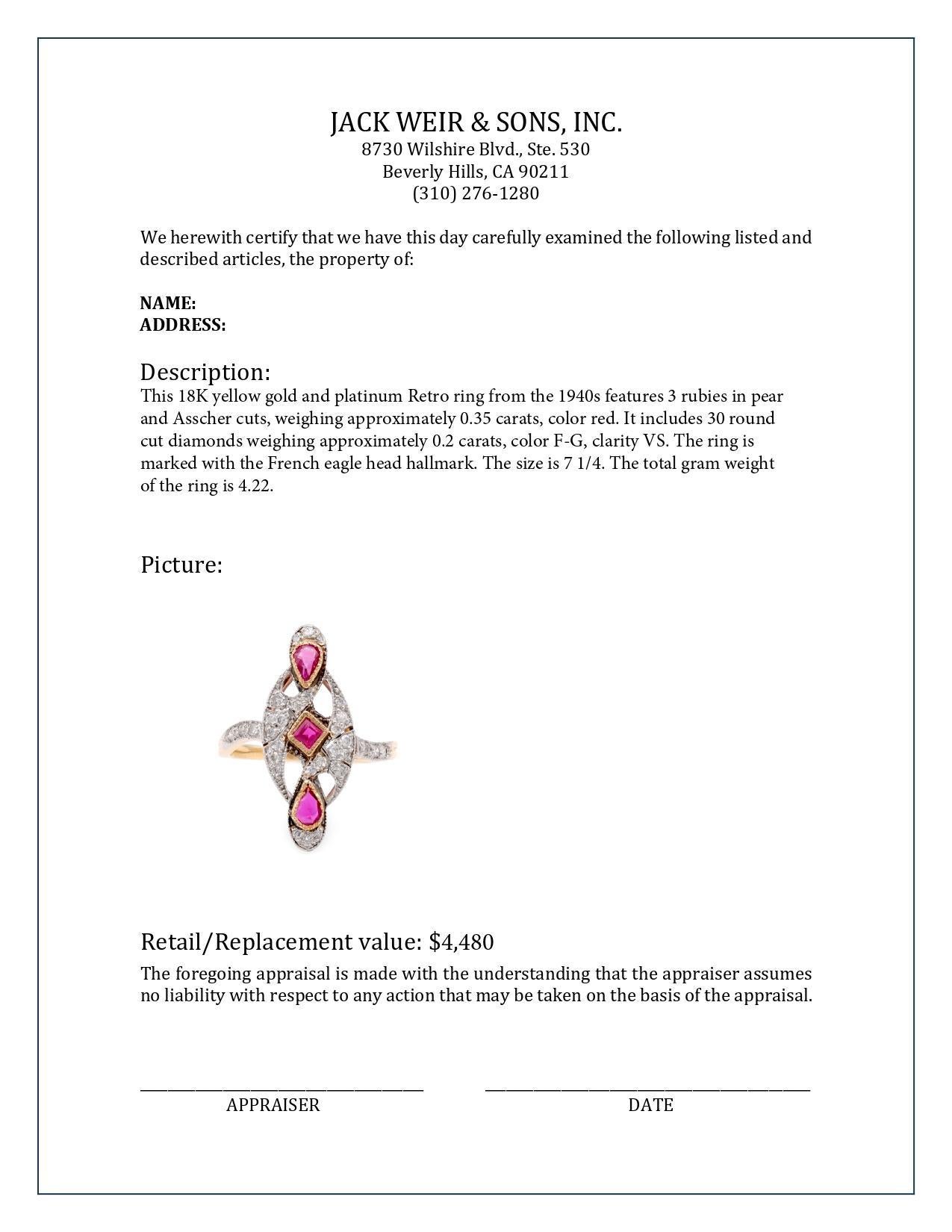 Asscher Cut French Ruby Diamond Two Tone Navette Ring For Sale