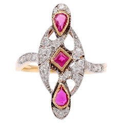 French Ruby Diamond Two Tone Navette Ring