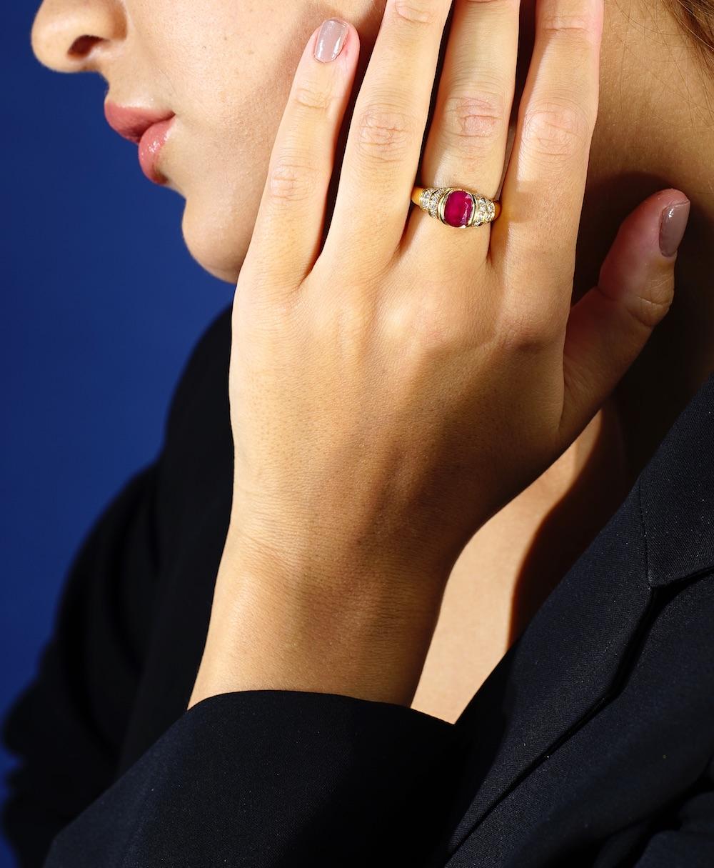 Oval Cut French Ruby Diamond Yellow Gold Ring For Sale