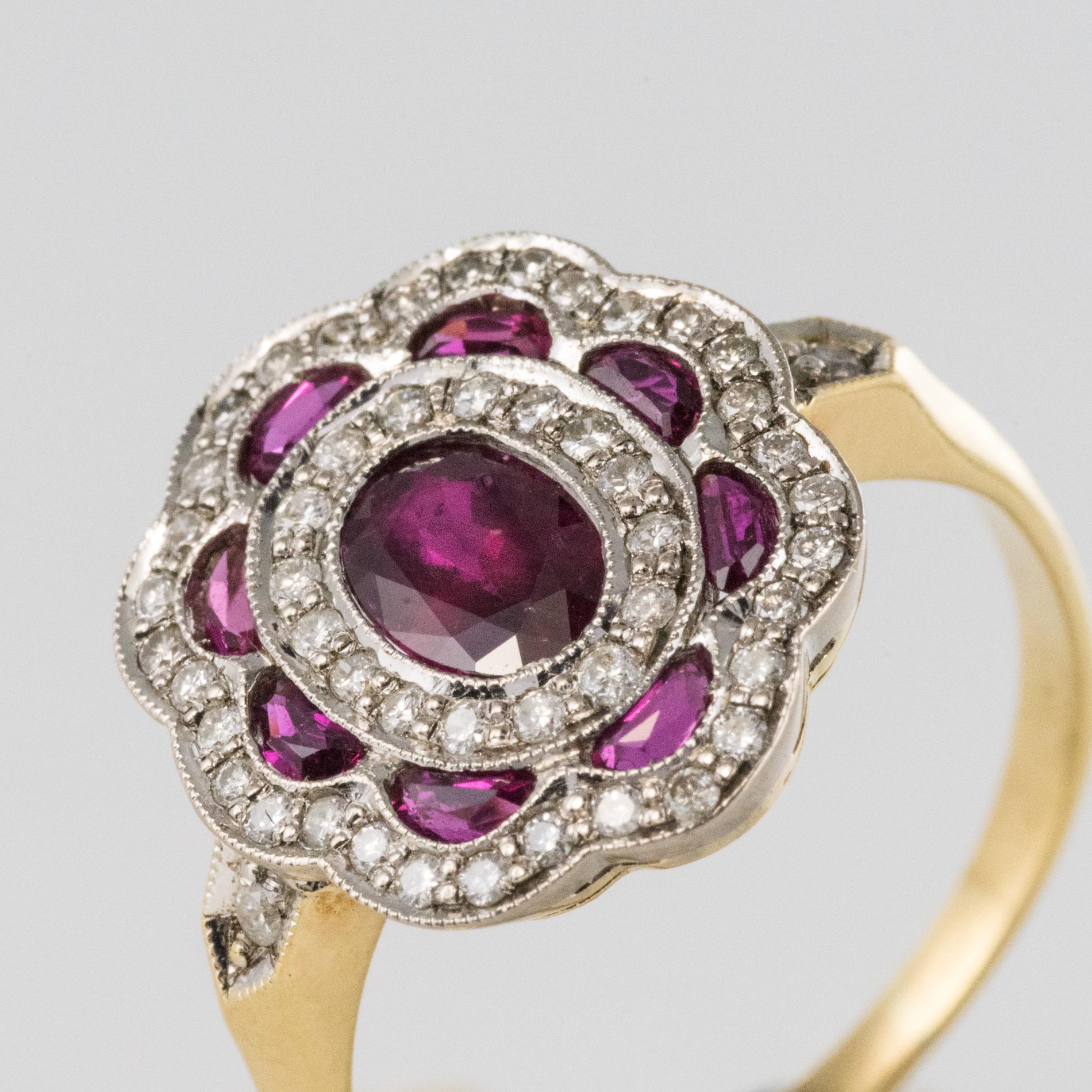 French Ruby Diamonds 18 Karat Yellow Gold Cluster Ring 1