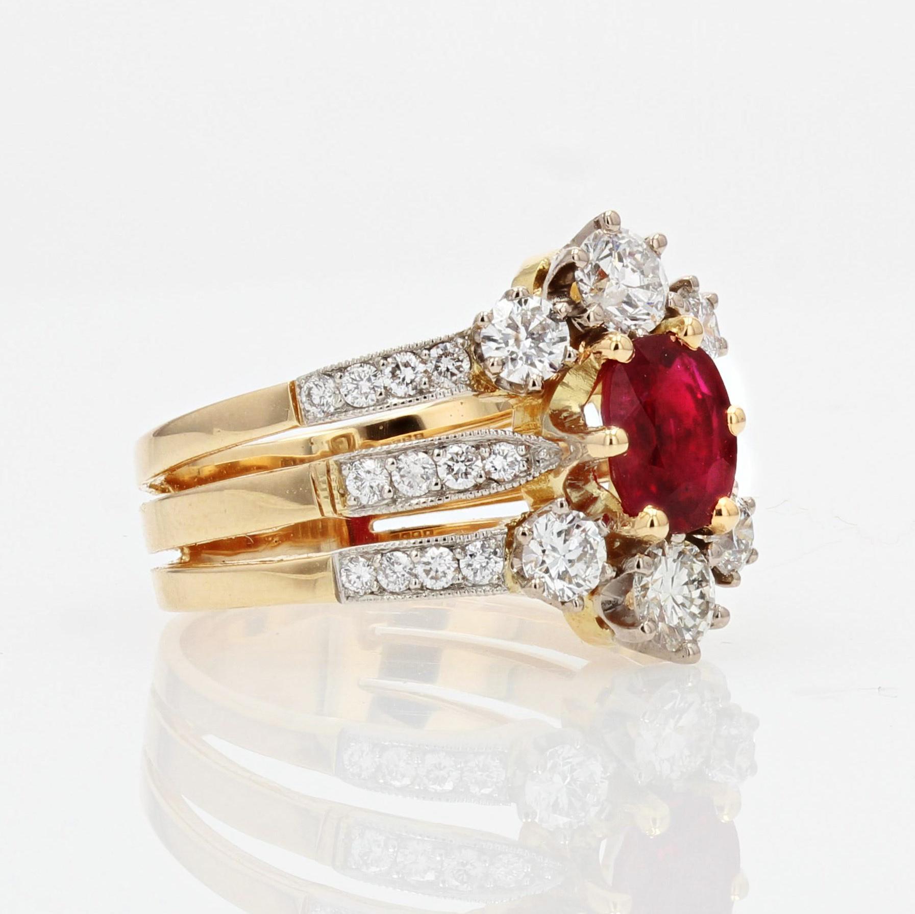 French Ruby Diamonds 18 Karat Yellow Gold Platinum 3 Band Ring For Sale 3