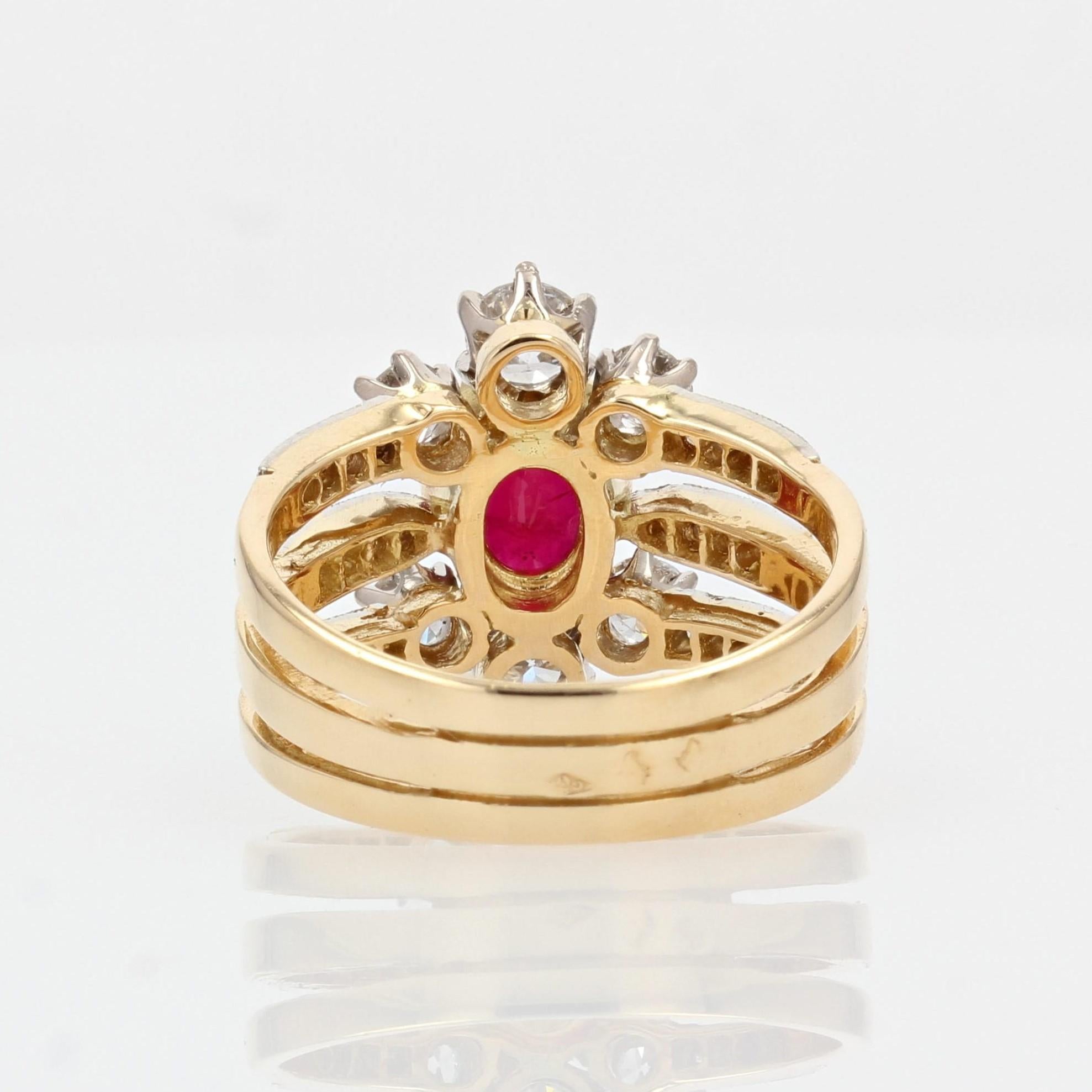 French Ruby Diamonds 18 Karat Yellow Gold Platinum 3 Band Ring For Sale 6