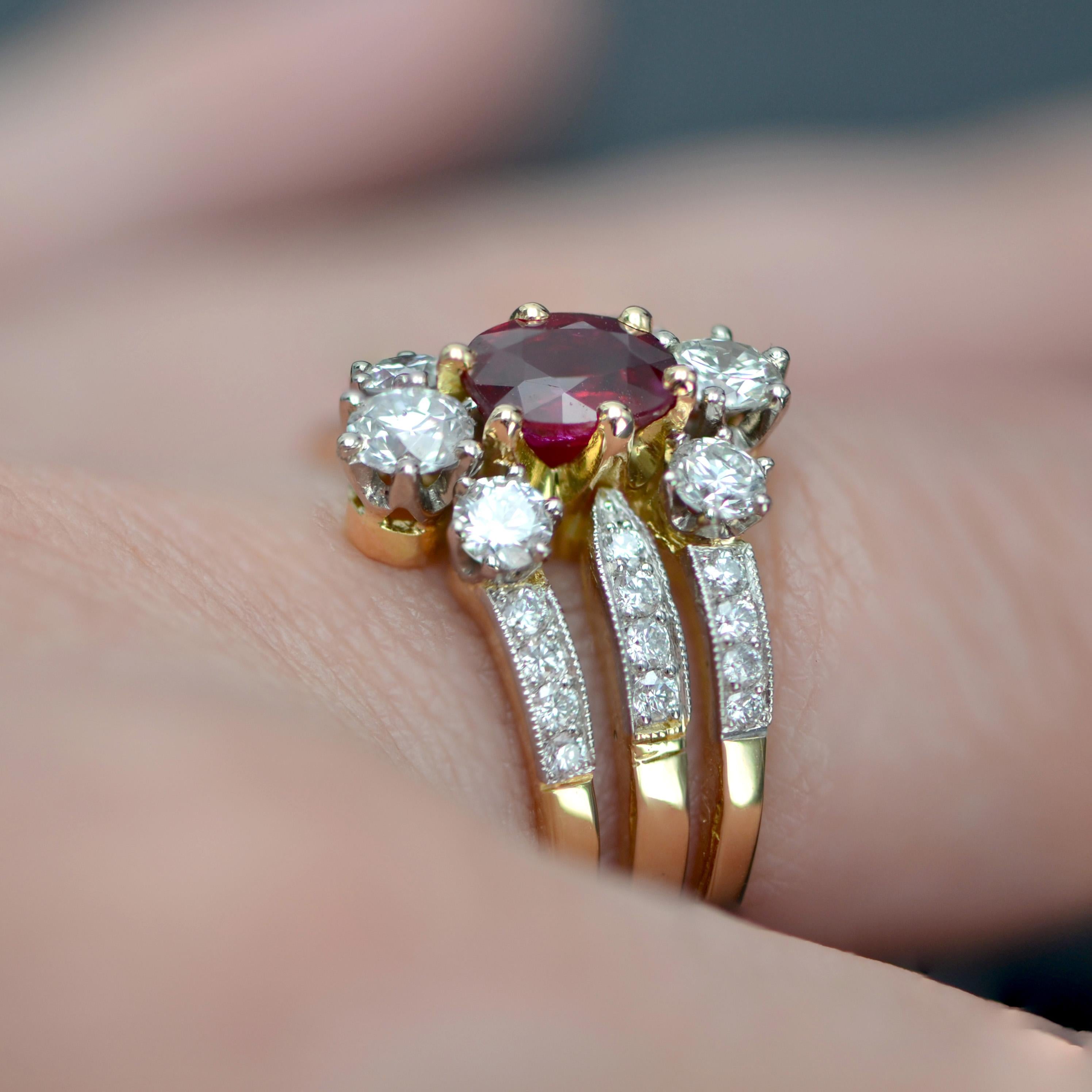 French Ruby Diamonds 18 Karat Yellow Gold Platinum 3 Band Ring For Sale 7