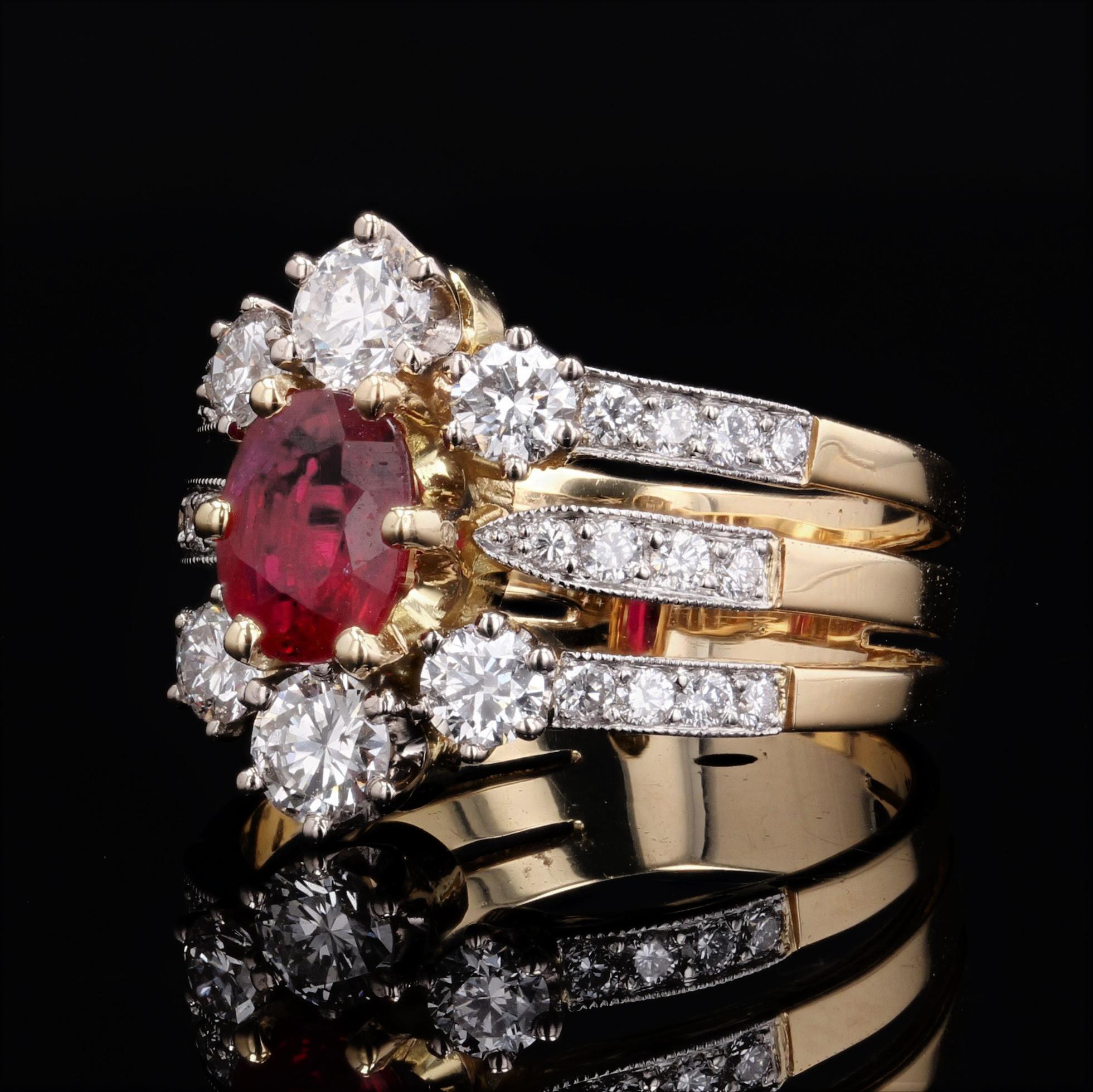Oval Cut French Ruby Diamonds 18 Karat Yellow Gold Platinum 3 Band Ring For Sale