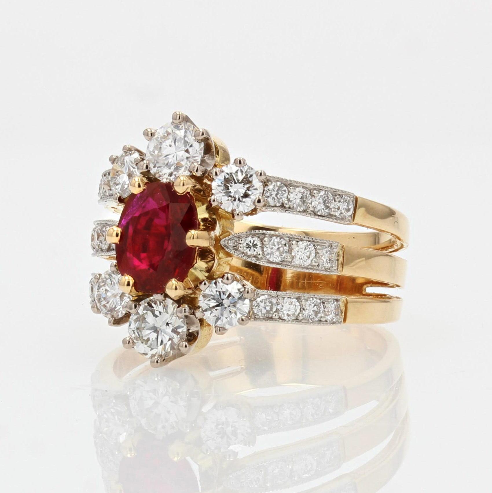 Women's French Ruby Diamonds 18 Karat Yellow Gold Platinum 3 Band Ring For Sale