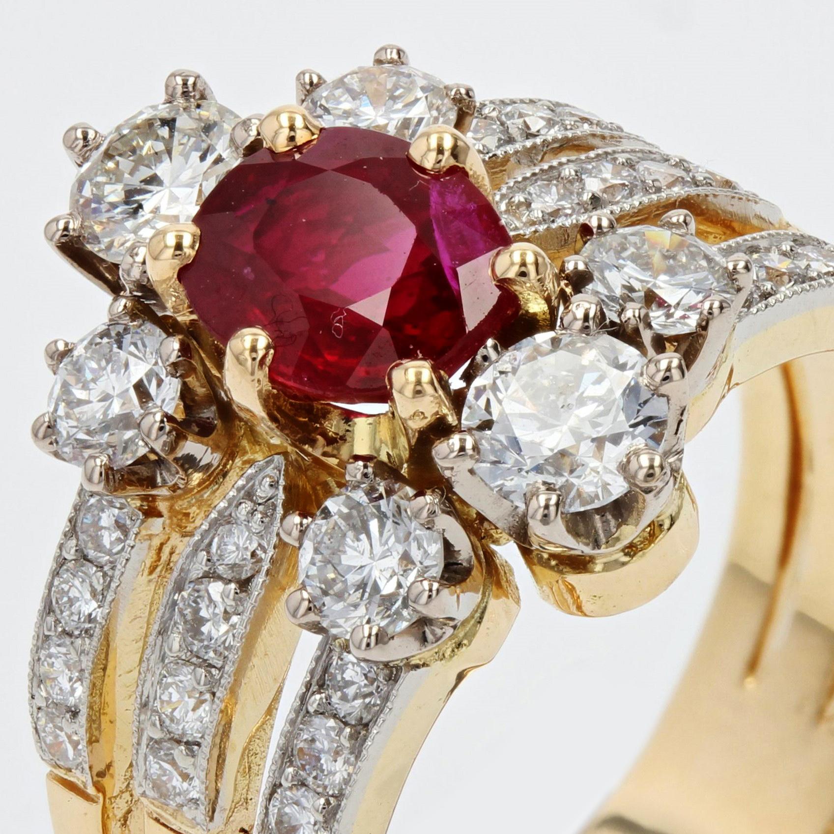French Ruby Diamonds 18 Karat Yellow Gold Platinum 3 Band Ring For Sale 1