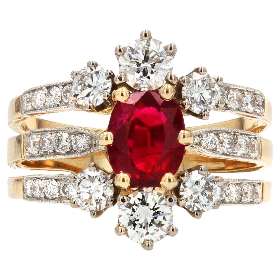 French Ruby Diamonds 18 Karat Yellow Gold Platinum 3 Band Ring For Sale