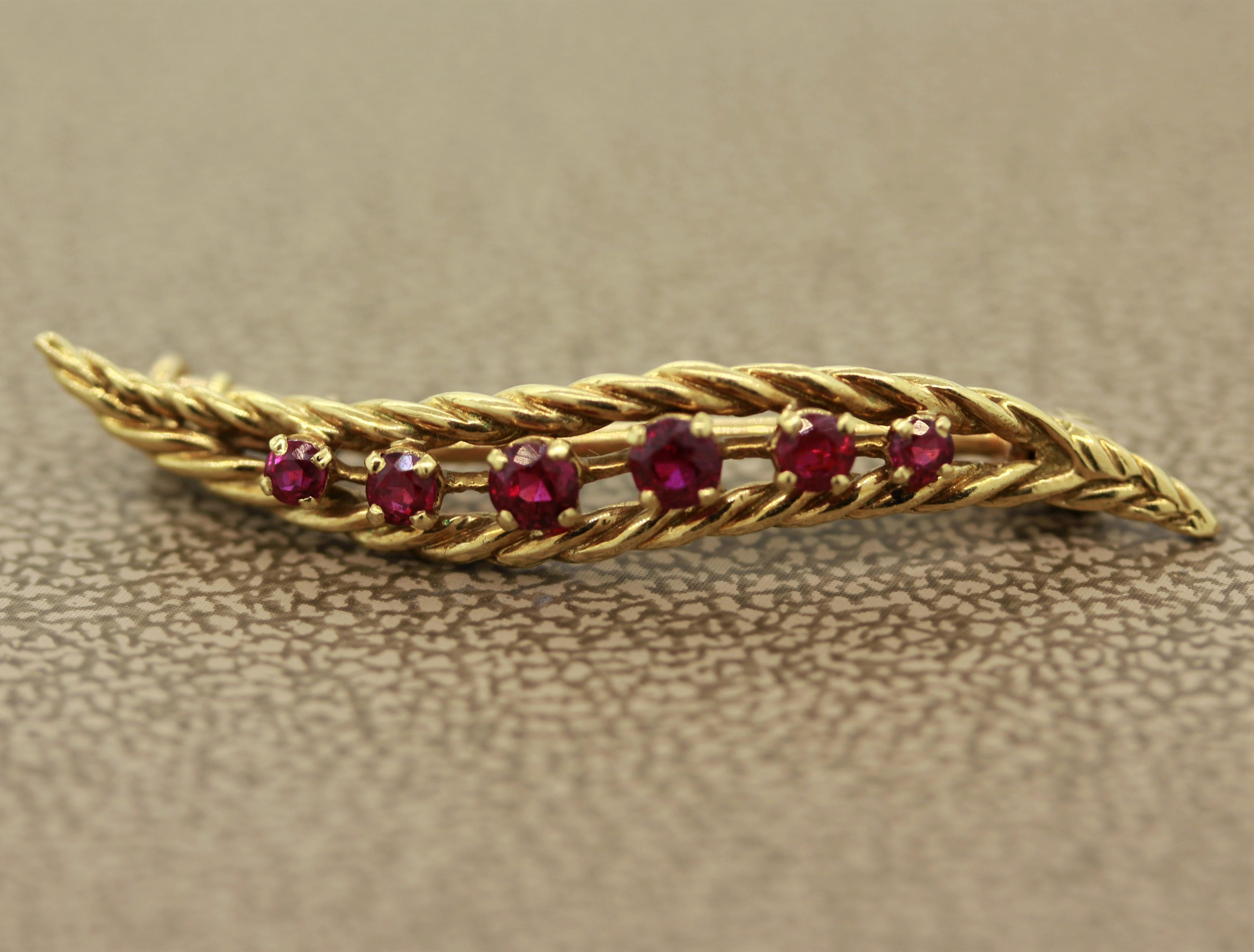 Round Cut French Ruby Gold Feather Pin-Brooch For Sale