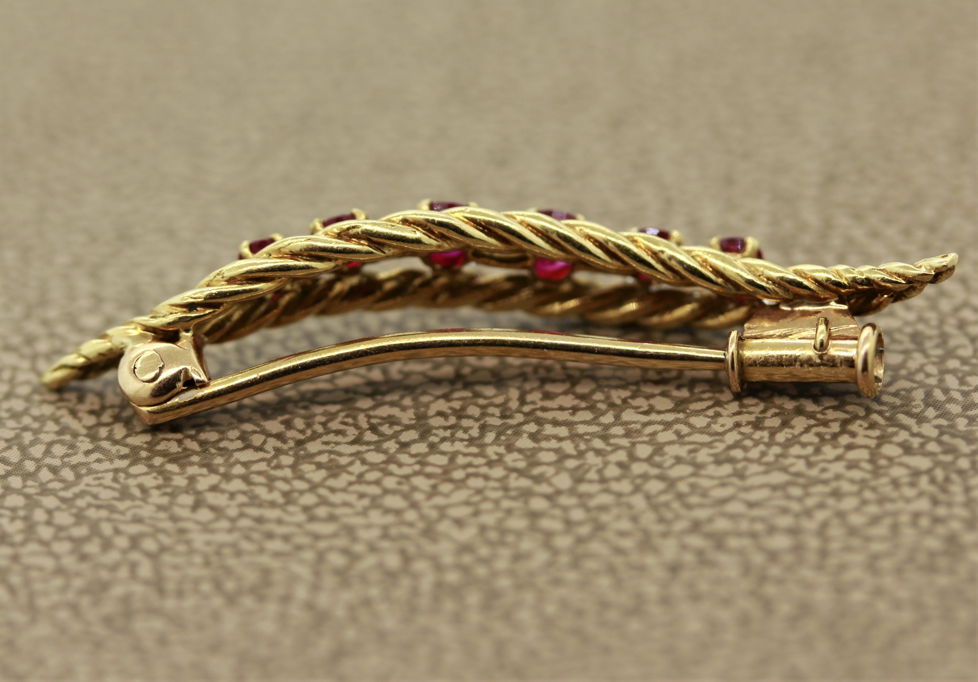 French Ruby Gold Feather Pin-Brooch In New Condition For Sale In Beverly Hills, CA