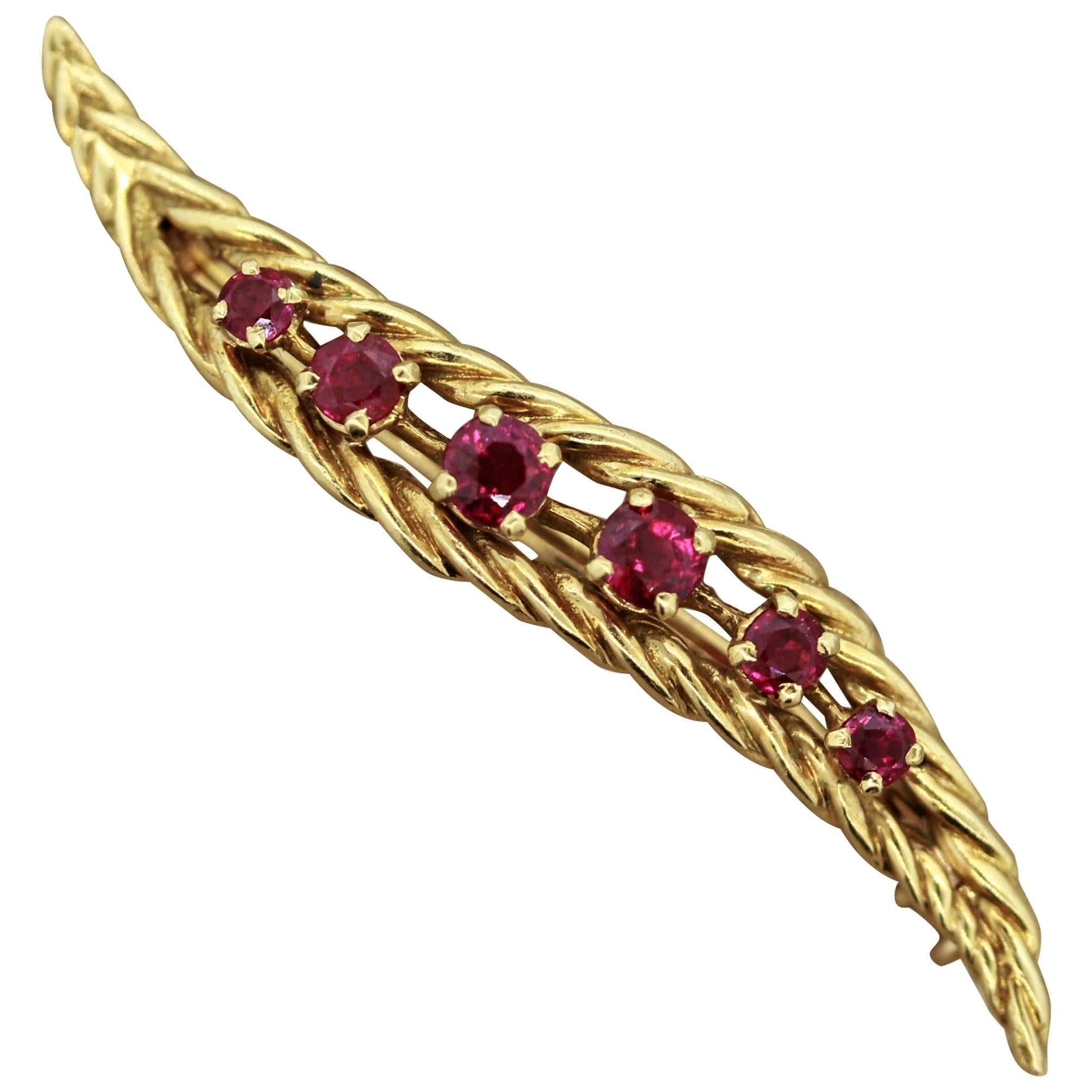 French Ruby Gold Feather Pin-Brooch For Sale