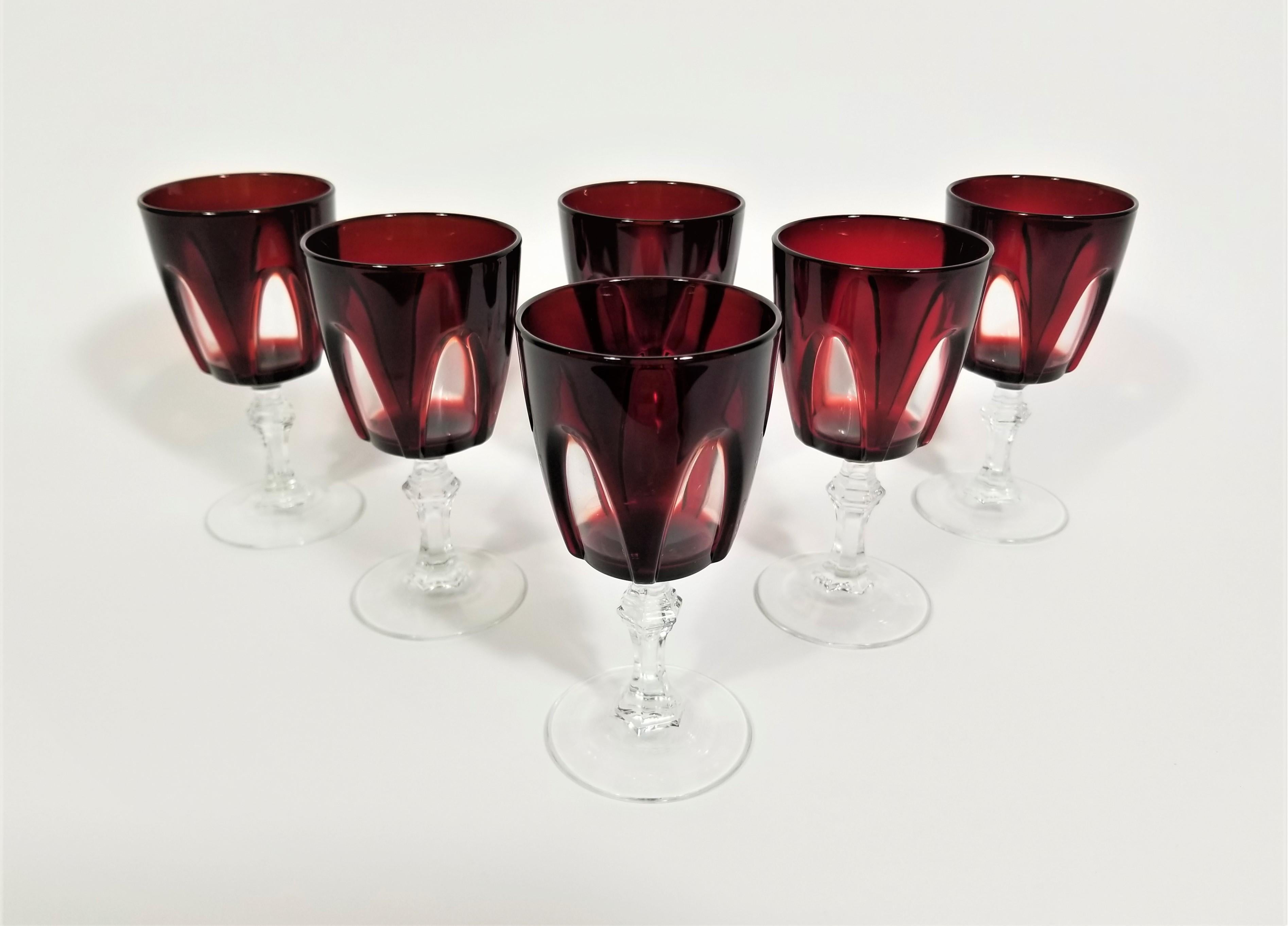 Mid Century 1960s set of 6 ruby red French stemware glassware. All glasses marked France on bottom. Excellent Condition.