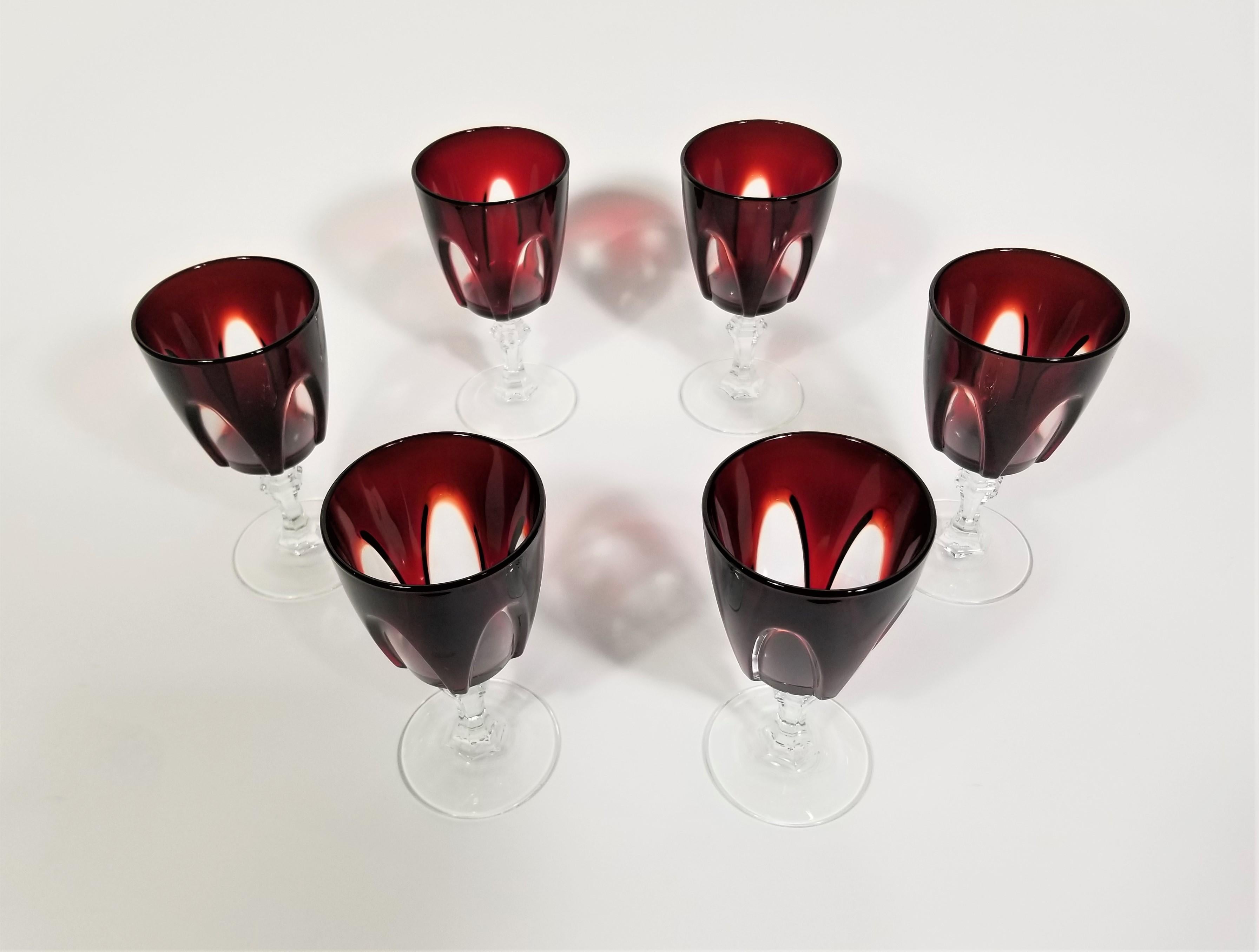 French Ruby Red Stemware Glassware Made in France Mid Century 1960s Set of 6  In Excellent Condition For Sale In New York, NY