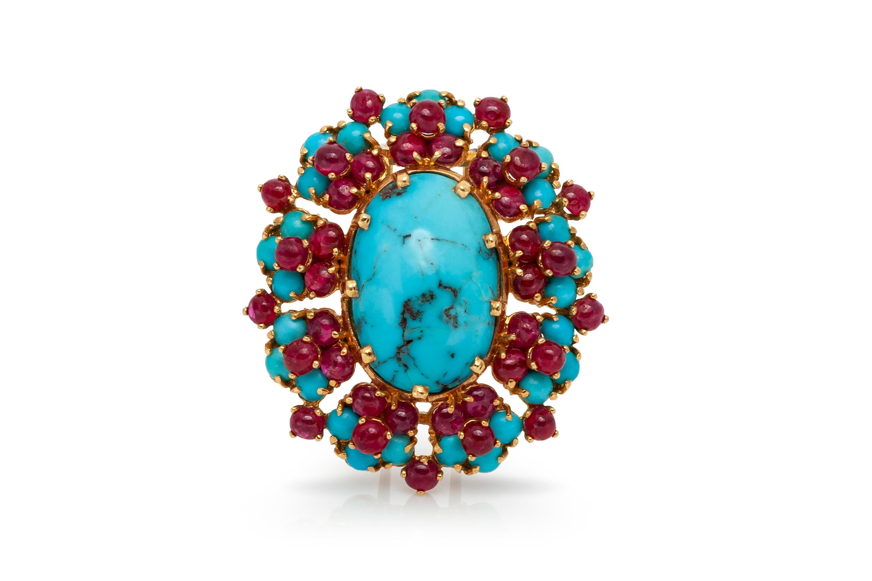 French brooch, finely crafted in 18k yellow gold with rubies and turquois. Circa 1940's.
