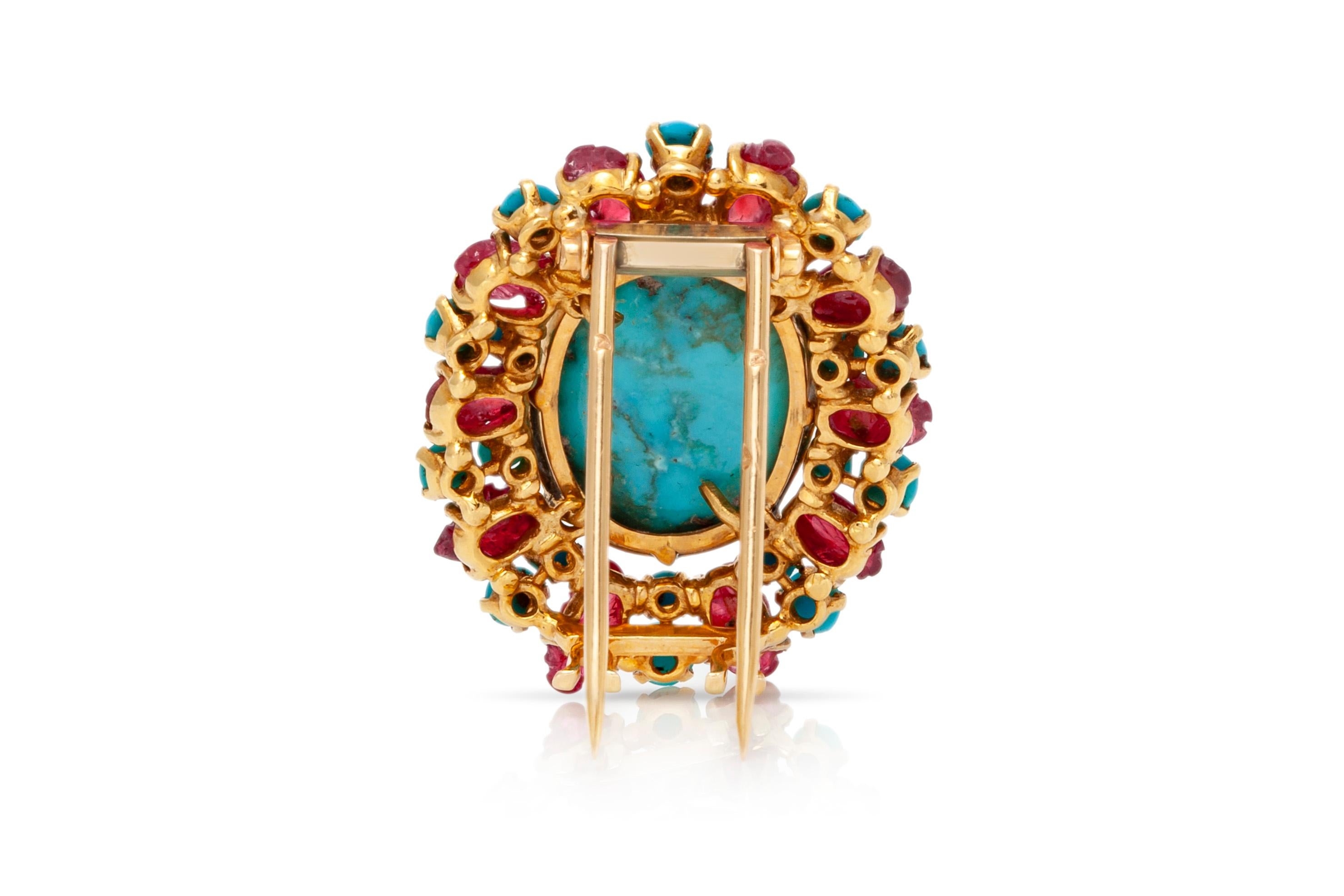 French Ruby Turquoise Brooch In Good Condition For Sale In New York, NY