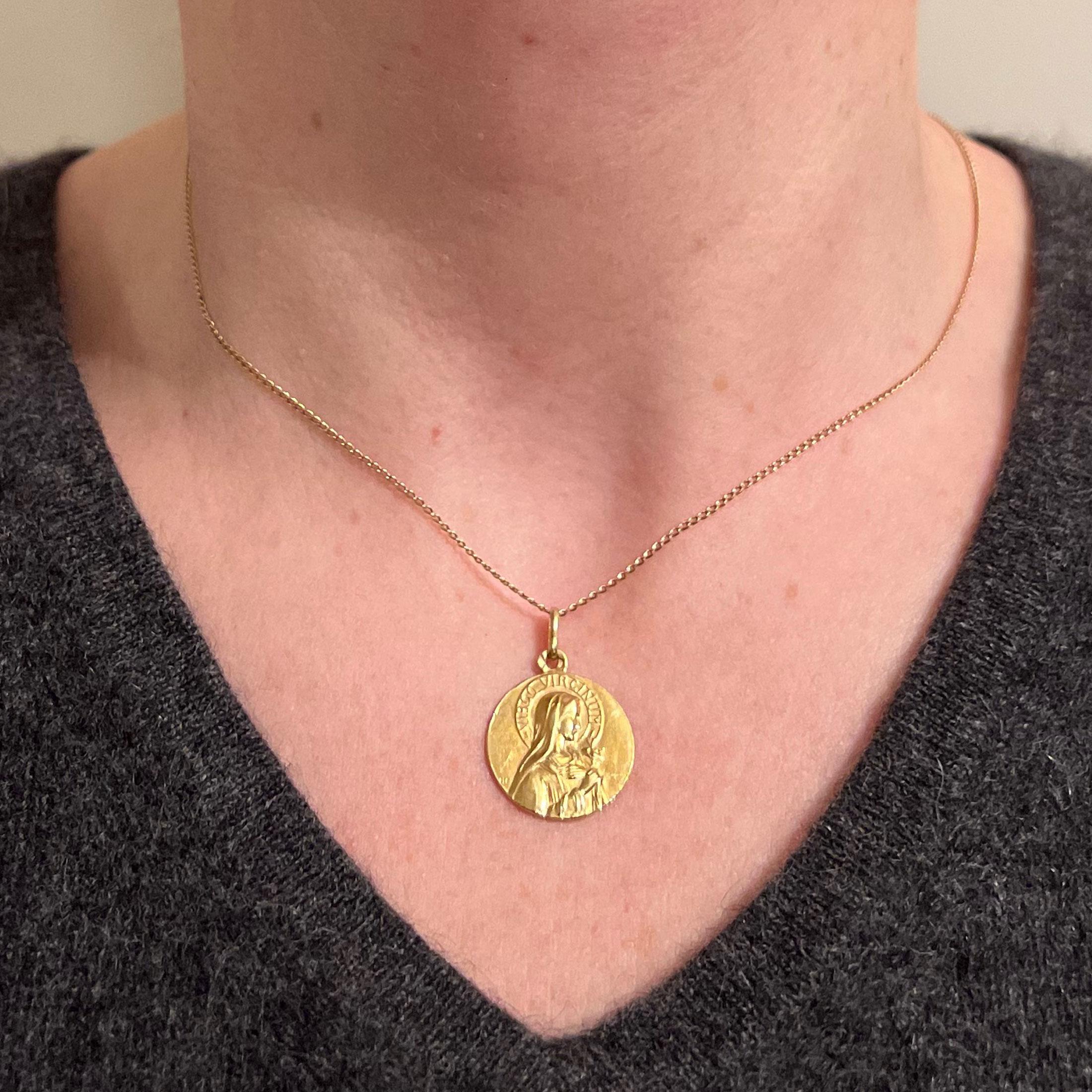 Women's or Men's French Ruffony Virgin Mary Virgo Virginum 18K Yellow Gold Medal Pendant For Sale
