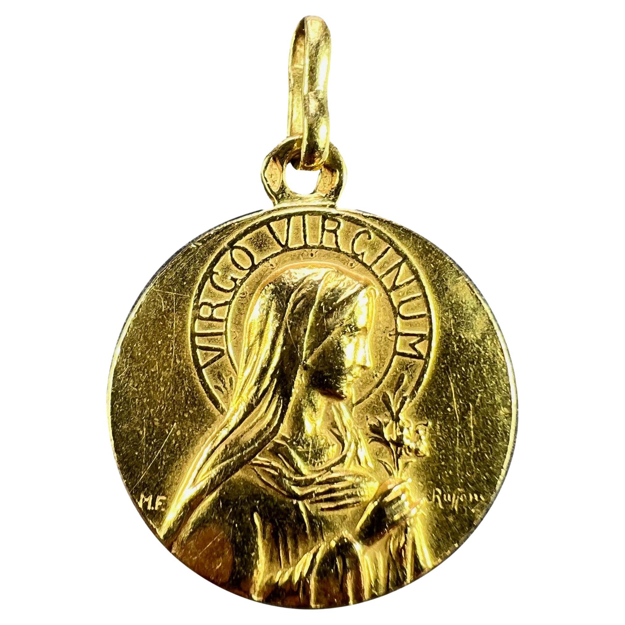 French Ruffony Virgin Mary Virgo Virginum 18K Yellow Gold Medal Pendant For Sale