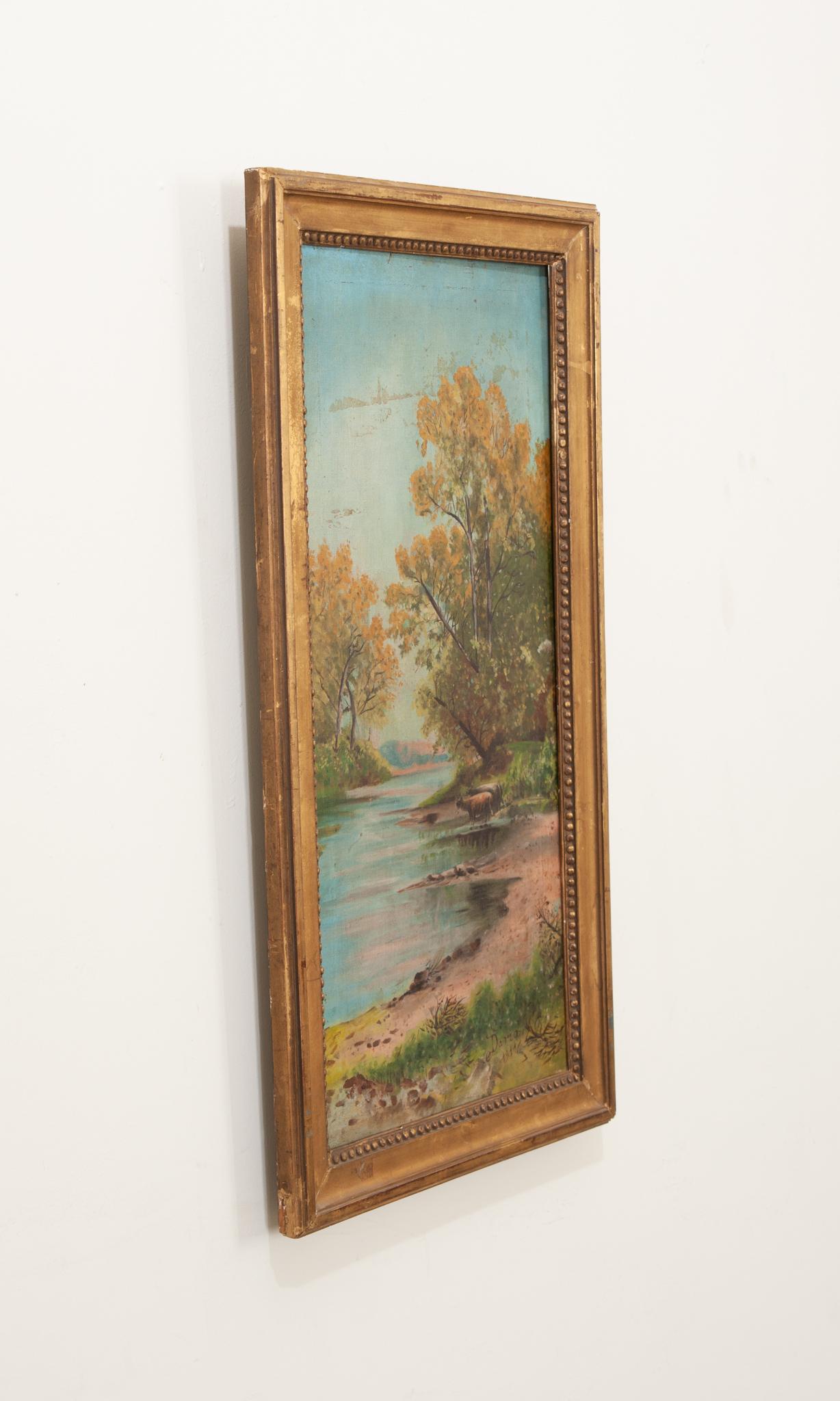 French Provincial French Rural Landscape Painting in Gilt Frame