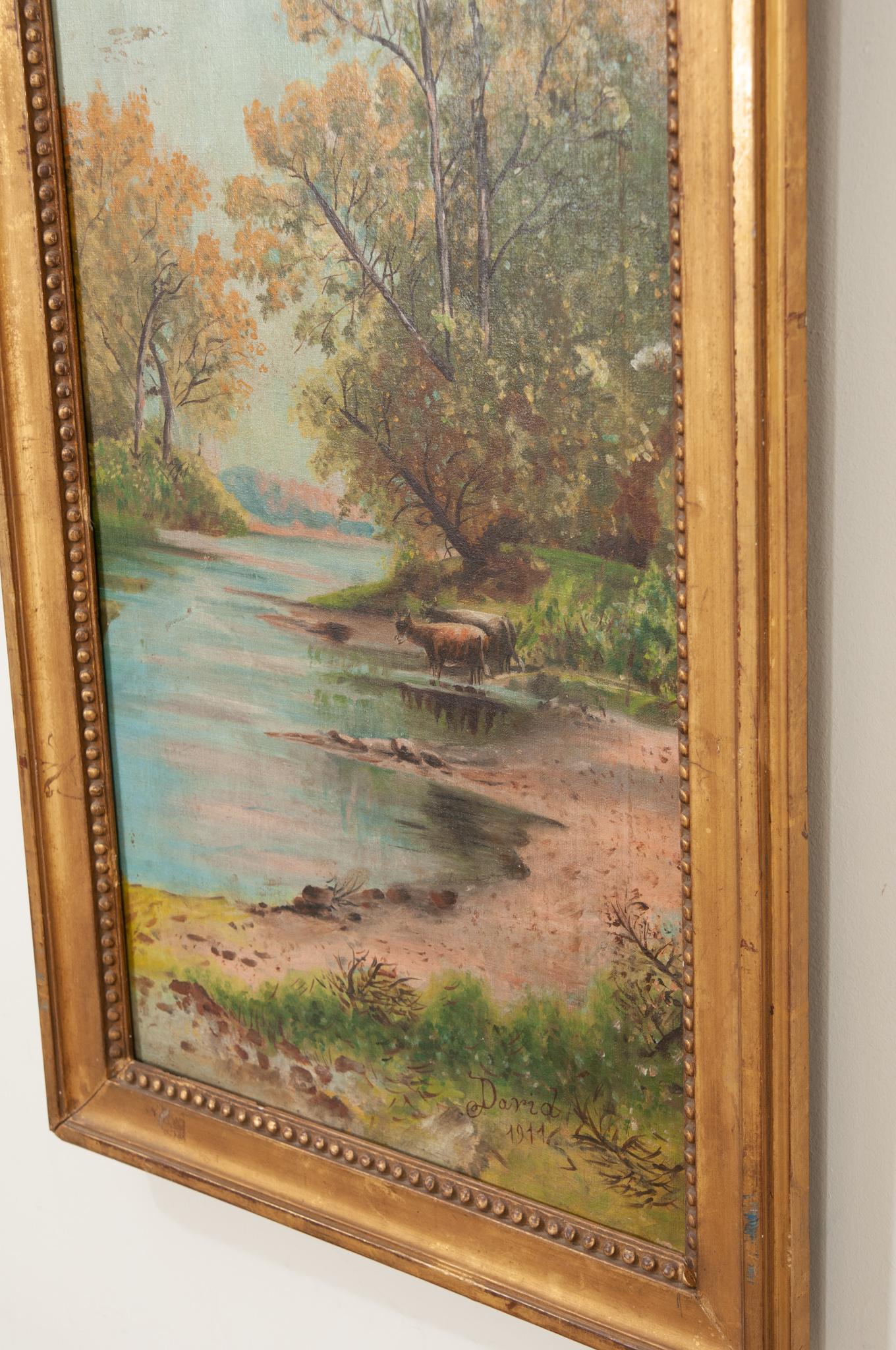 Hand-Crafted French Rural Landscape Painting in Gilt Frame