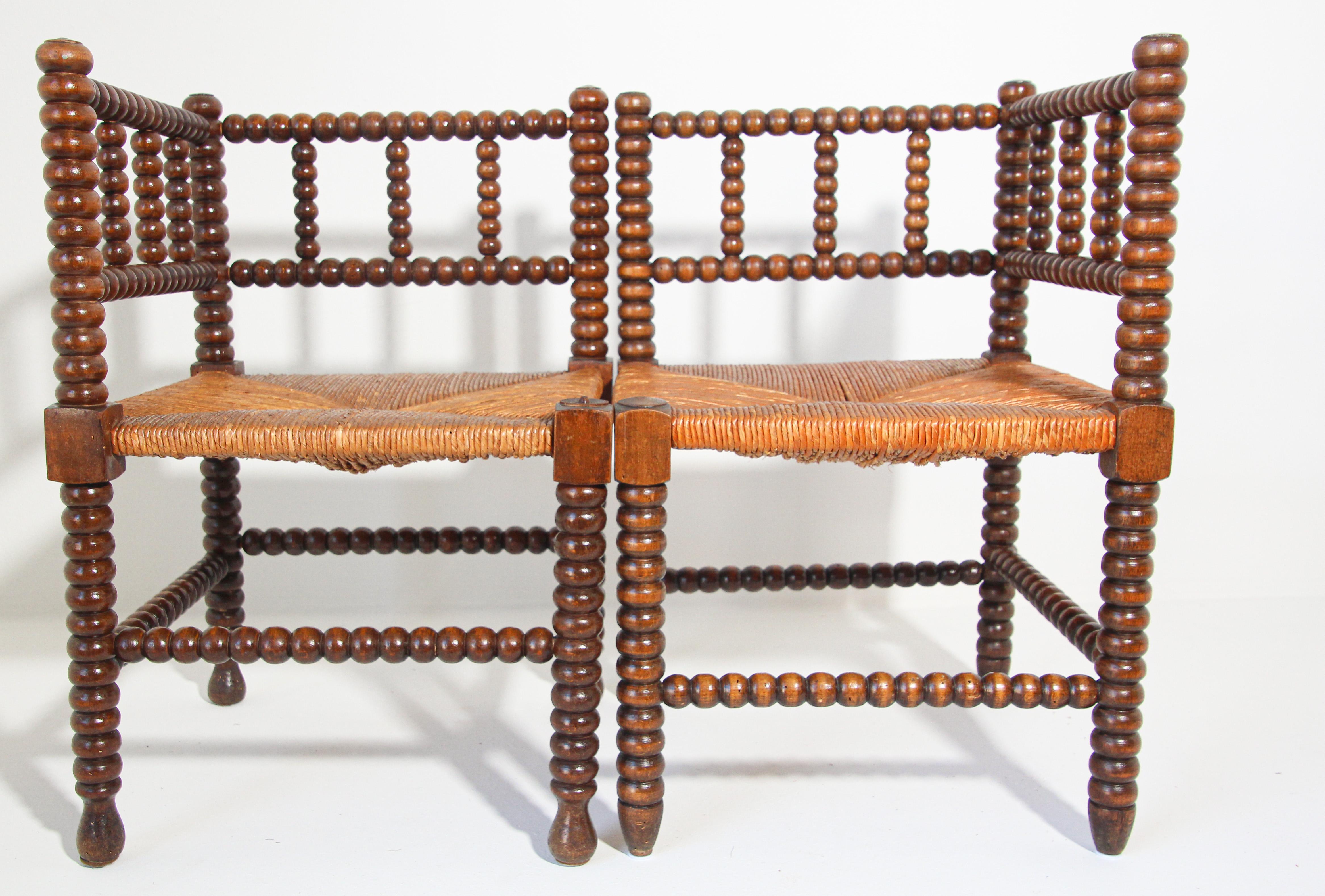 French Provincial French Rush-Seat Corner Chairs in Turned Oak and Cane, France