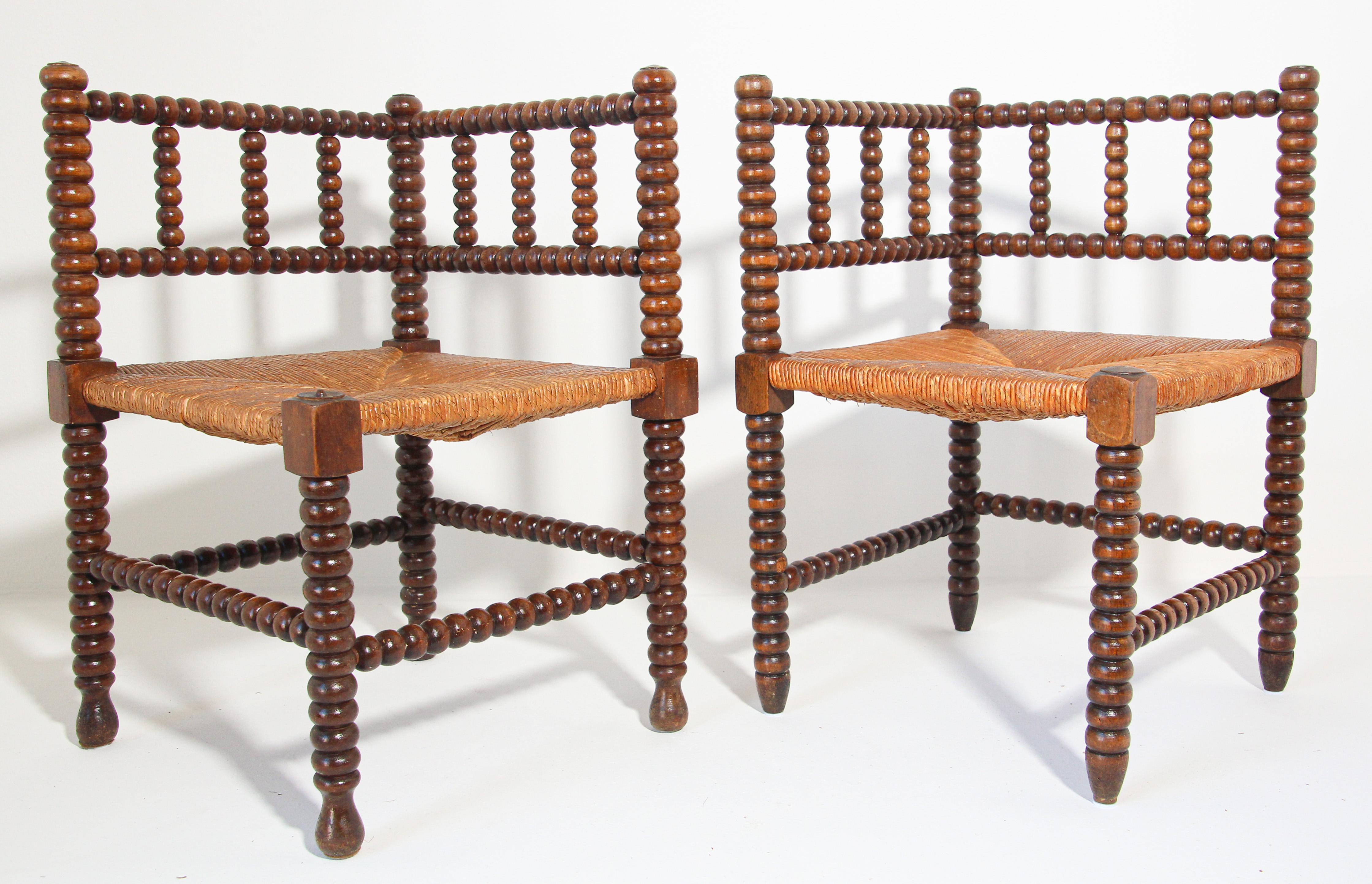 Hand-Crafted French Rush-Seat Corner Chairs in Turned Oak and Cane, France