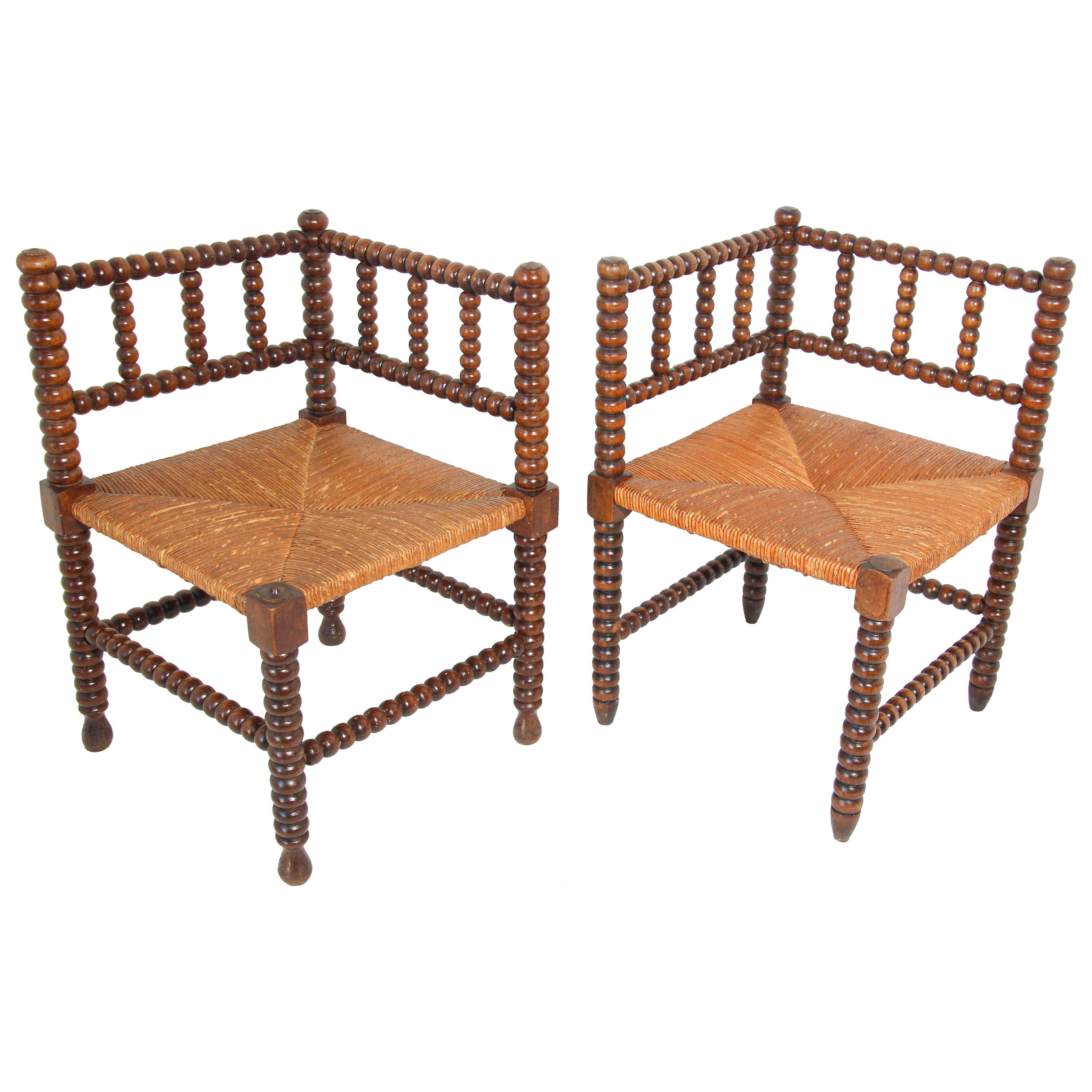 French Rush-Seat Corner Chairs in Turned Oak and Cane, France