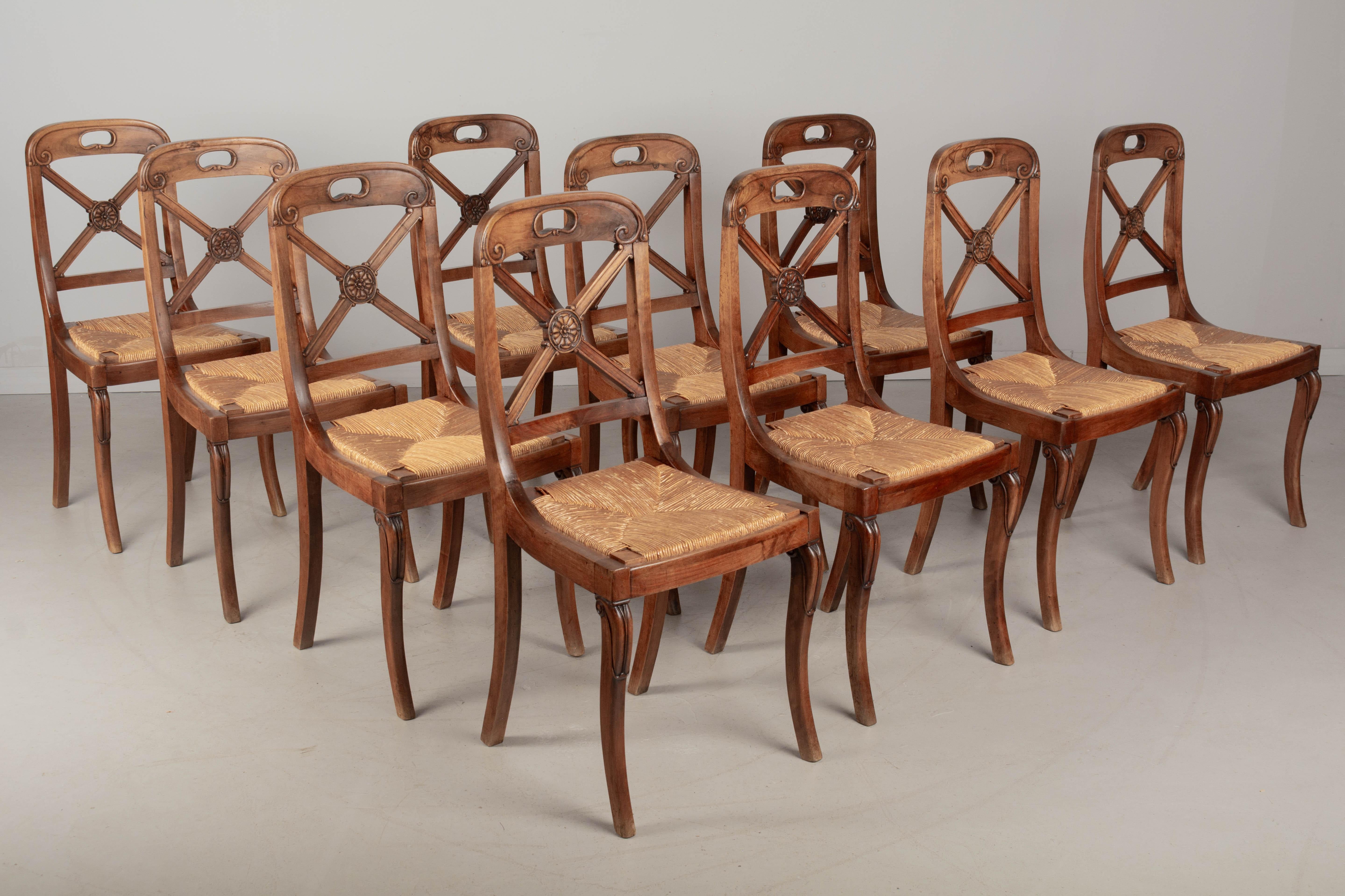 Hand-Crafted French Rush Seat Walnut Dining Chairs, Set of 10