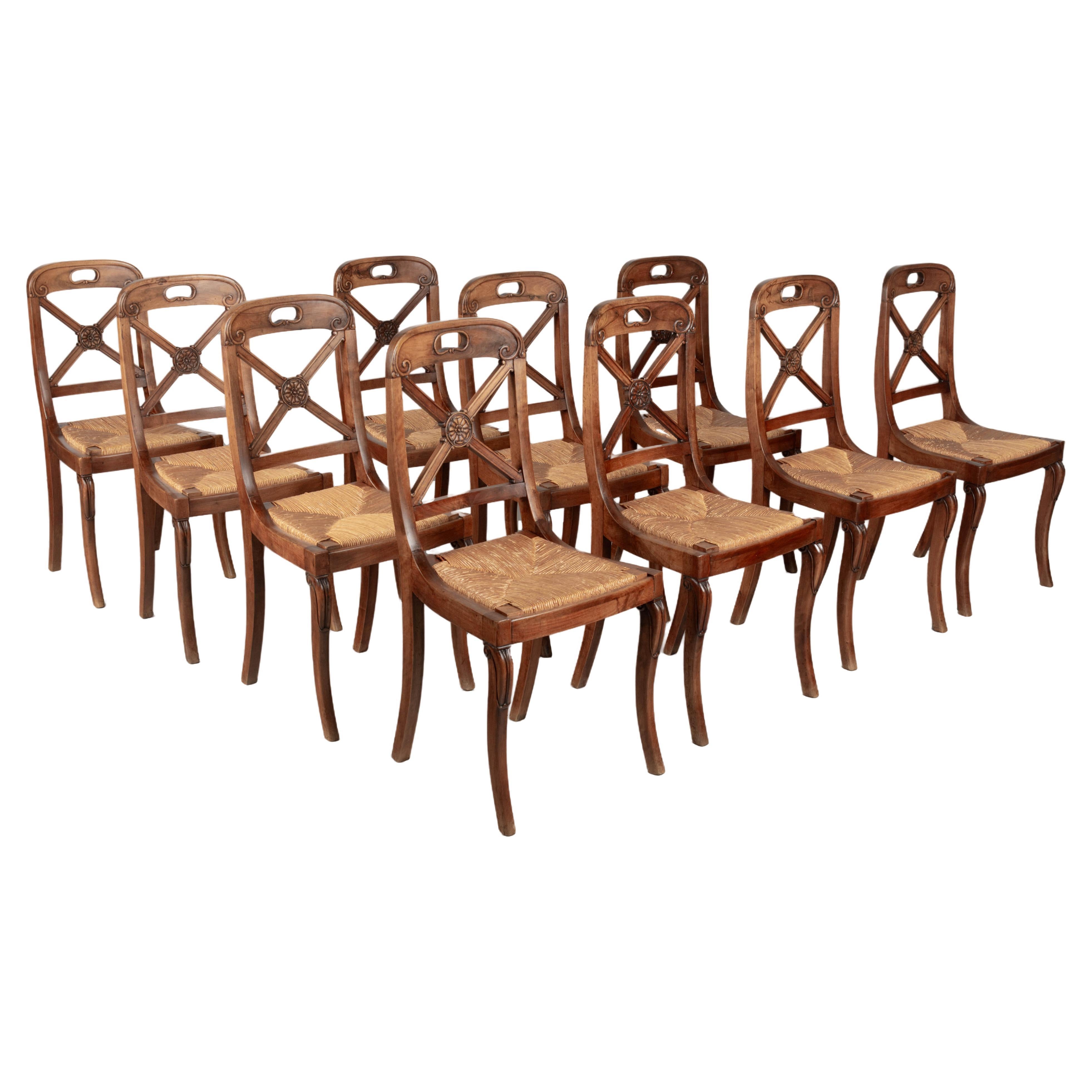 French Rush Seat Walnut Dining Chairs, Set of 10