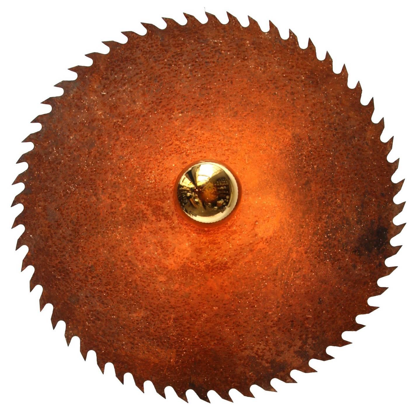 Large vintage French saw blade light.

Priced per individual item. All lamps have been made suitable by international standards for incandescent light bulbs, energy-efficient and LED bulbs. E26/E27 bulb holders and new wiring are CE certified or