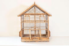 French Rustic 1860s Napoléon III Wooden Birdcage with Scrolling Metal Motifs