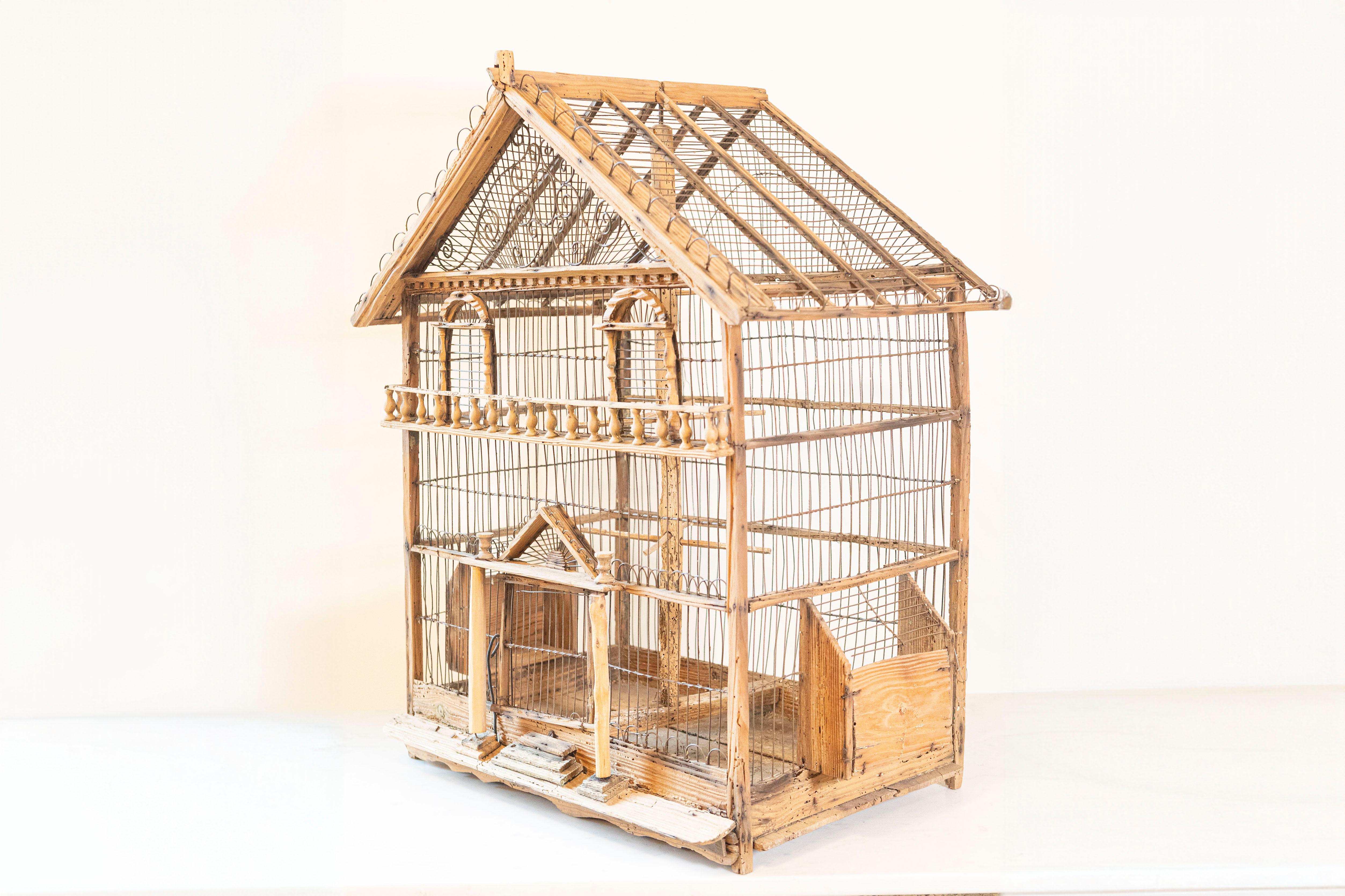 Turned French Rustic 1860s Napoléon III Wooden Birdcage with Scrolling Metal Motifs