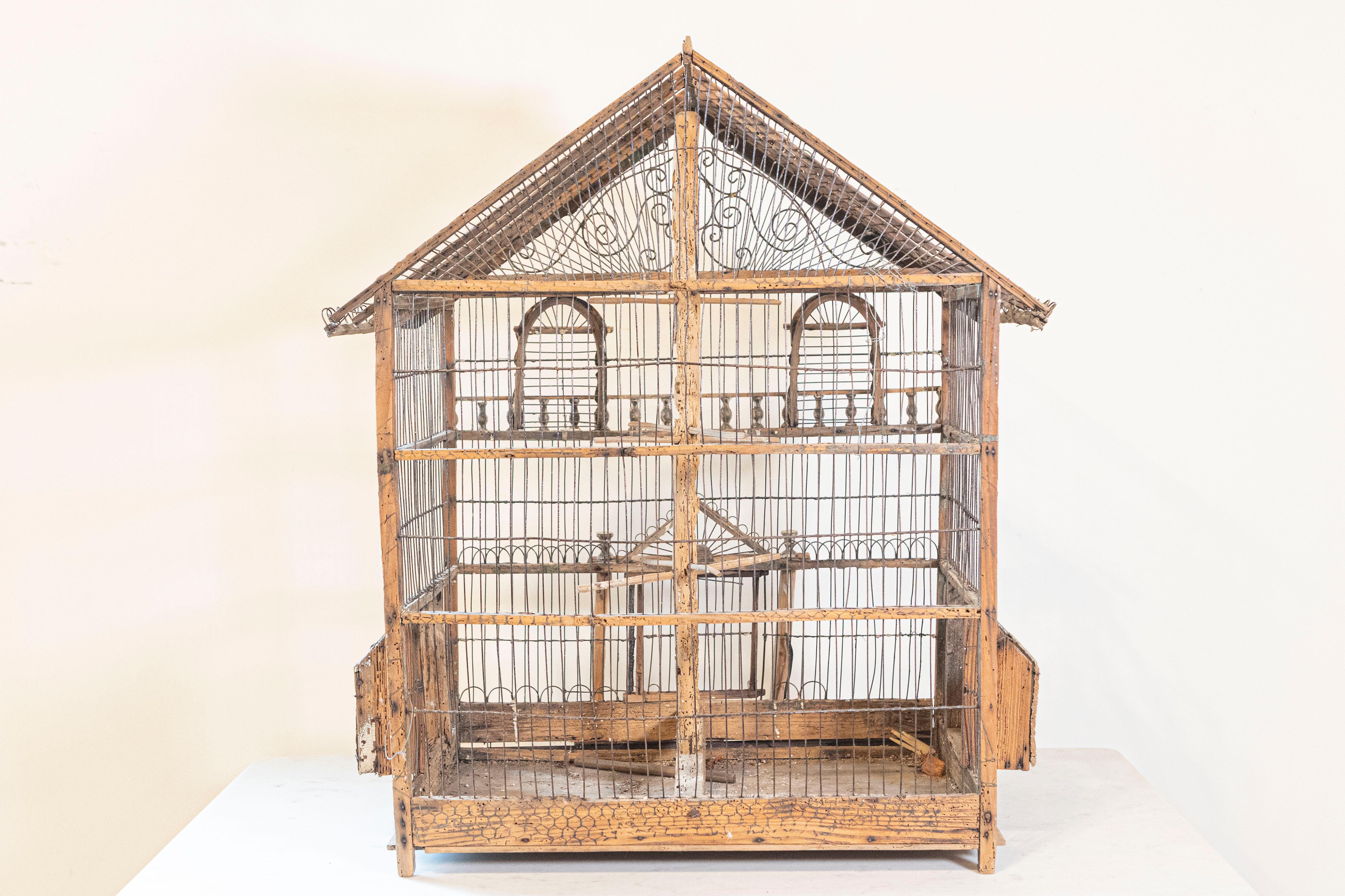 20th Century French Rustic 1860s Napoléon III Wooden Birdcage with Scrolling Metal Motifs