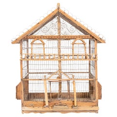 Cage à oiseaux rustique en bois Napoléon III des années 1860 avec motifs métalliques en volutes